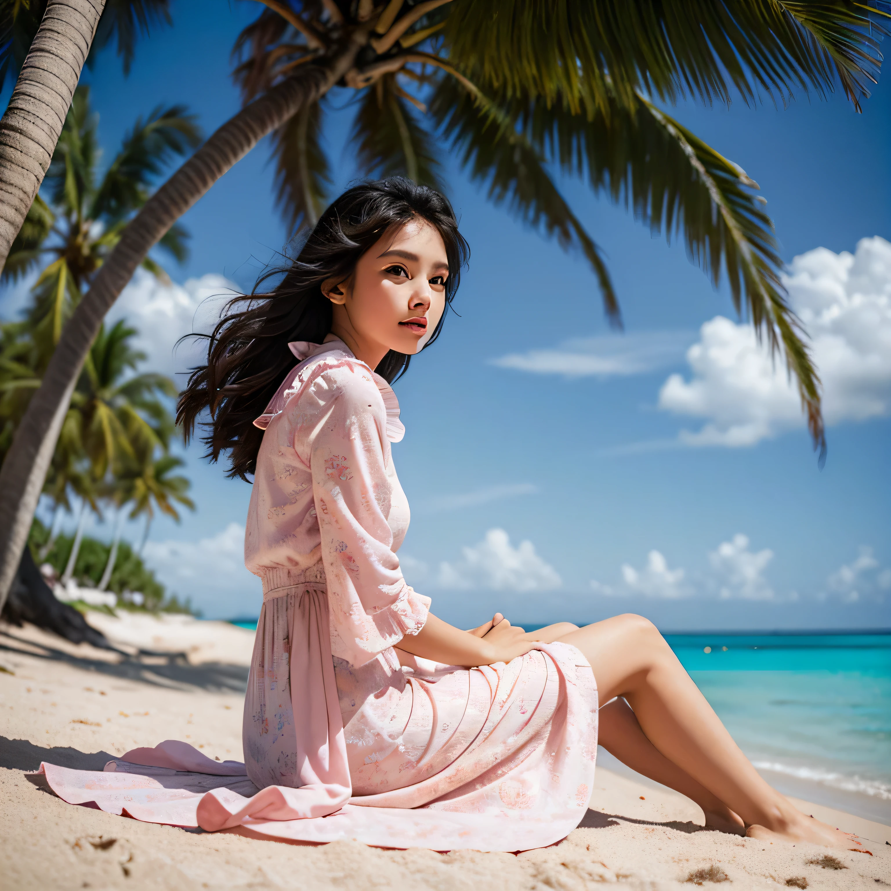 TYPE : Beauty Photography
THEME : natural
RACE : Indonesian, young
PERSON 1 : Early 20s, woman
SCENE : outdoor , sitting in the middle White sand beach, side view , beautiful blue waves, creating an beauty atmosphere , wind blowing effect, beautiful expression , wearing closed long dress
PROPS: : White sand beach, beautiful blue waves , coconut trees , shell, blue sky  , wearing soft pink patterned closed long dress, wind blow 
CAMERA : photographed using an Canon eos 90d DSLR camera with 18-135mm lens , detail skin texture , detailed face , close up , low exposure
ANGLE : High Dynamic Range (HDR) shot
