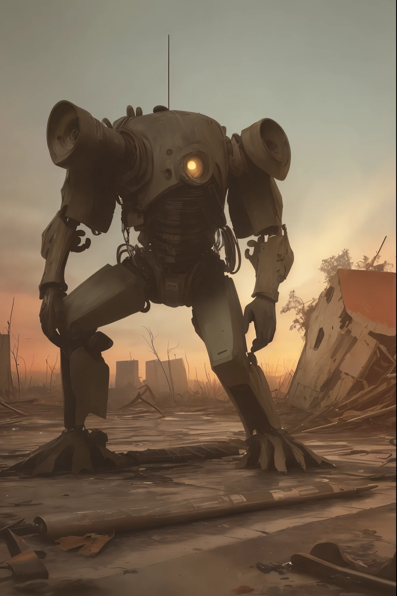 This photograph showcases a discarded mech, its old metal surface and rusty parts telling a story of neglect. Dim light filters through the gaps of the dilapidated mech, illuminating the scene. The mech's tires are flattened and deflated, leaving it stranded in a desolate background amidst the ruins of an abandoned factory. The scene is set in a post-apocalyptic world, filled with sci-fi elements that evoke a sense of doom and gloom.