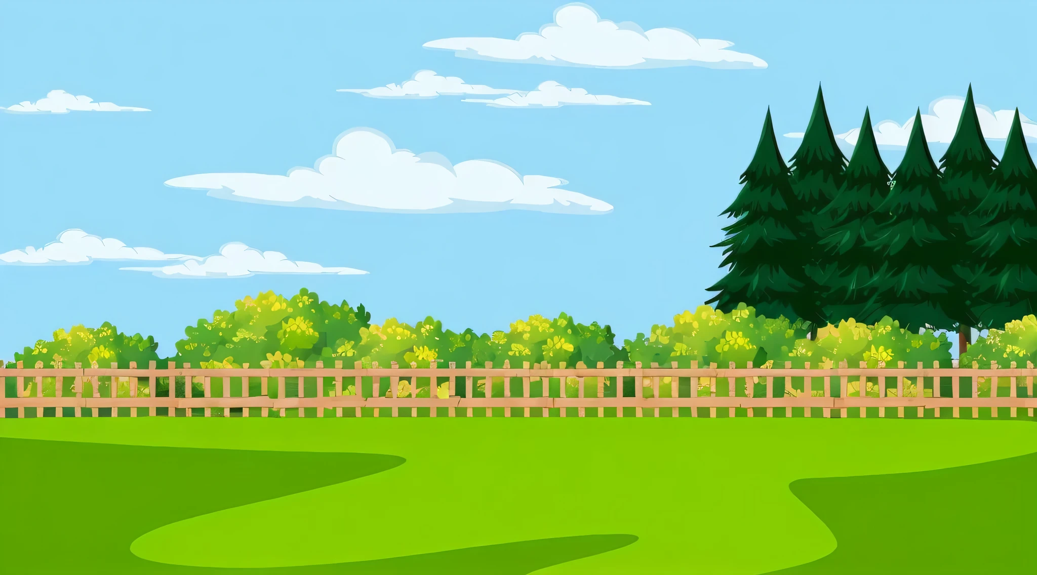 illustration of a cartoon landscape with a fence and trees, park background, sunny park background, beautiful landscape background, garden background, natural landscape background, park landscape, 2d game background, random background scene, beautiful garden on background, landscape background, landscape illustration, background art, detailed scenery —width 672, nature background, 2 d game art background