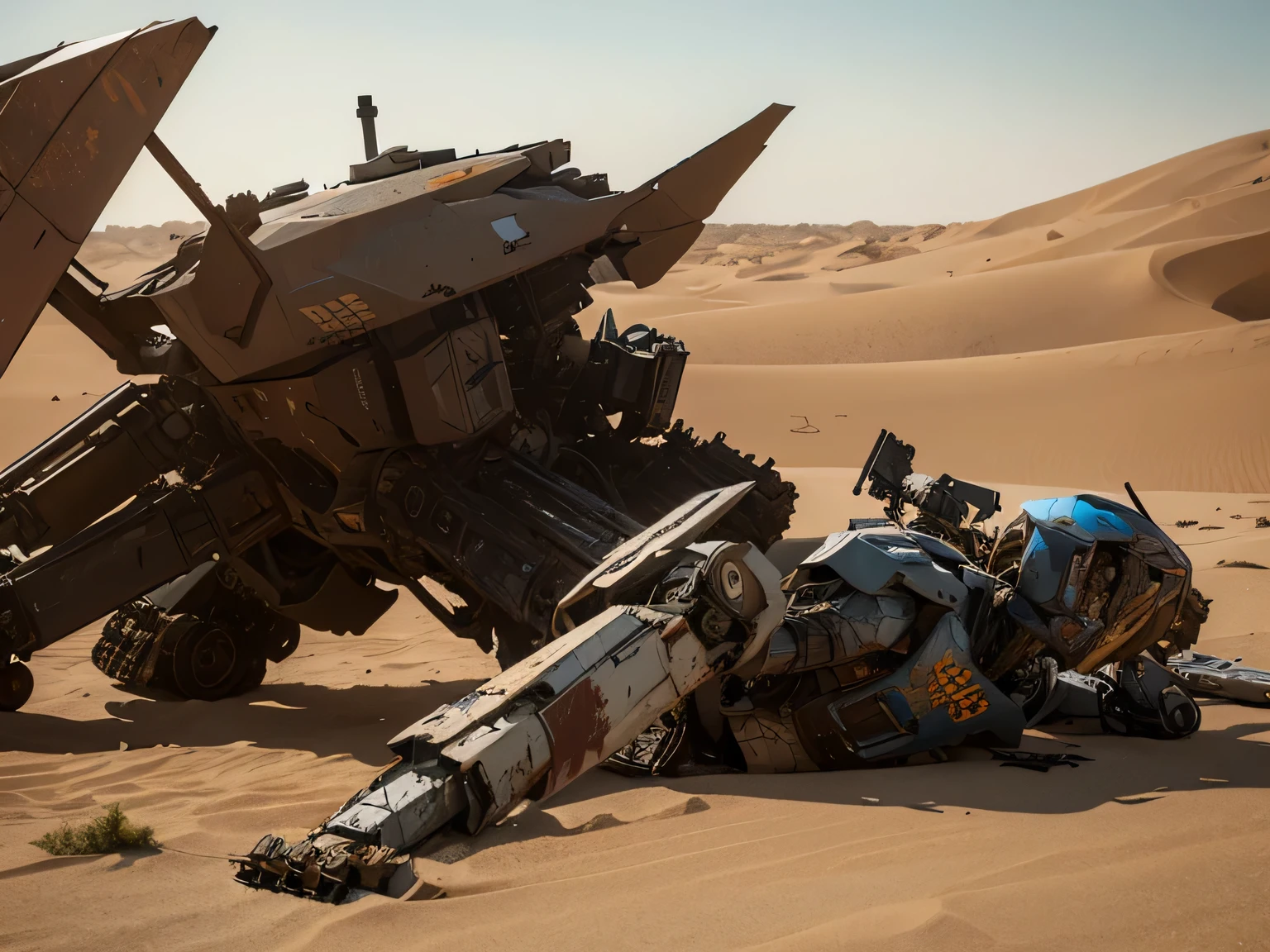Abandoned large mecha,discard useless,(Broken Mecha),(Rusty),Giant mecha lying down,There is a large robot sitting on the ground in the desert, Craig Mullins,