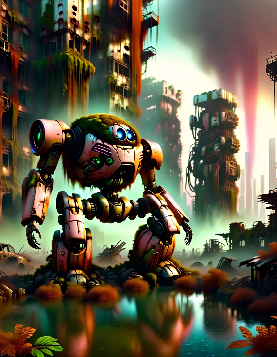 (full-body shot) , In a ruined city covered with vegetation，((1 Abandoned mechas, killer robots in the post-apocalyptic wasteland，Covered in rust and covered with moss, it stands alone in the middle of a pond filled with oil.:1.8))。Ruined city restored after nuclear blast，The outlines of the oppressive buildings in the background are clearly visible。((The mecha was severely damaged, with oil stains and scratches covering its surface.Its metal casing is rusty and its wires are exposed))，Reminiscent of its glorious past。However，Now it&#39;s just an abandoned shell，Abandoned in this post-apocalyptic landscape。Photos in a super minimalist style，the abandoned city is rendered in soft orange-pink tones，Creates a super warm atmosphere。Film grain and root effects add a sense of texture and nostalgia to the image。The lens is dimmed，Pastel colors and crazy details create a hyper-detailed post-apocalyptic atmosphere。This feeling is further enhanced by the oppressive buildings in the background and the distant twilight scene。This ultra-professional landscape photo is a stunning portrayal of an abandoned city and derelict mechas，it tells a story about war、A story of destruction and the passage of time，(global illumination, Ray tracing, high dynamic range, Unreal rendering, Reasonable design, high detail, masterpiece, best quality, ultra high definition, light)，3d style