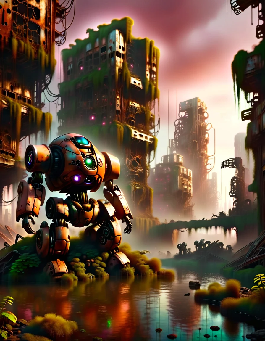 (full-body shot) , In a ruined city covered with vegetation,((1 Abandoned mechas, killer robots in the post-apocalyptic wasteland,Covered in rust and covered with moss, it stands alone in the middle of a pond filled with oil.:1.8))。Ruined city restored after nuclear blast,The outlines of the oppressive buildings in the background are clearly visible。((The mecha was severely damaged, with oil stains and scratches covering its surface.Its metal casing is rusty and its wires are exposed)),Reminiscent of its glorious past。However,Now it's just an abandoned shell,Abandoned in this post-apocalyptic landscape。Photos in a super minimalist style,the abandoned city is rendered in soft orange-pink tones,Creates a super warm atmosphere。Film grain and root effects add a sense of texture and nostalgia to the image。The lens is dimmed,Pastel colors and crazy details create a hyper-detailed post-apocalyptic atmosphere。This feeling is further enhanced by the oppressive buildings in the background and the distant twilight scene。This ultra-professional landscape photo is a stunning portrayal of an abandoned city and derelict mechas,it tells a story about war、A story of destruction and the passage of time,(global illumination, Ray tracing, high dynamic range, Unreal rendering, Reasonable design, high detail, masterpiece, best quality, ultra high definition, light),3d style