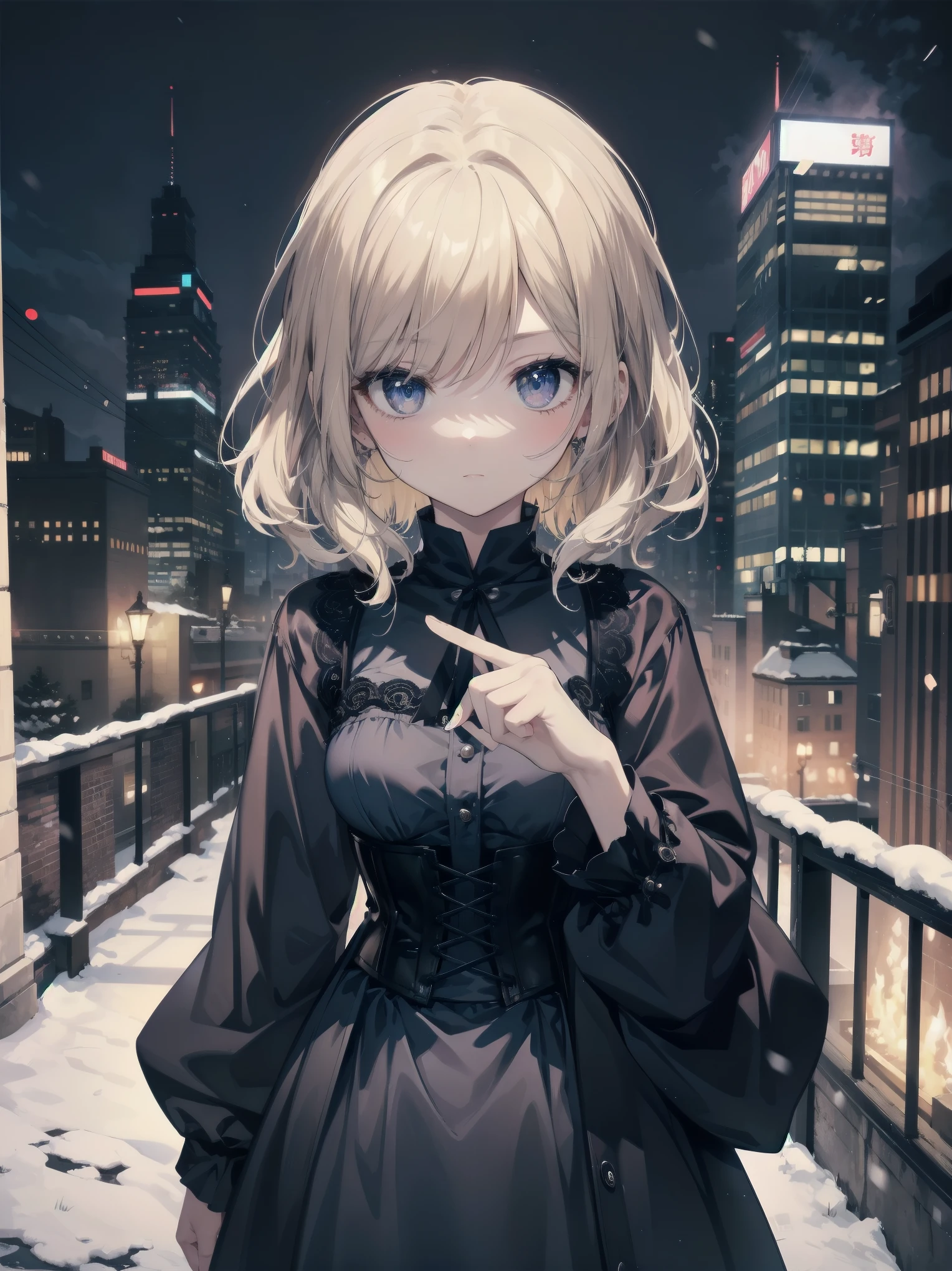 With background: snowy night cityscape。Detailed drawings of buildings and cityscapes using precise three-dimensional thinking。
shape: 12 year old girl。The hairstyle is a one-length bob、hair color is blonde、Hair is wavy。
expression and eyes: serious expression、eyes are blue、Realistic and complex eyes。
clothing: black and purple gothic clothes。long sleeves and skirt、Corset available。
Pause:cute gesture、とにかく信じられないほど可愛いPause
効果:Focus on the face from above。
style: Final Fantasy style special elements:I never have