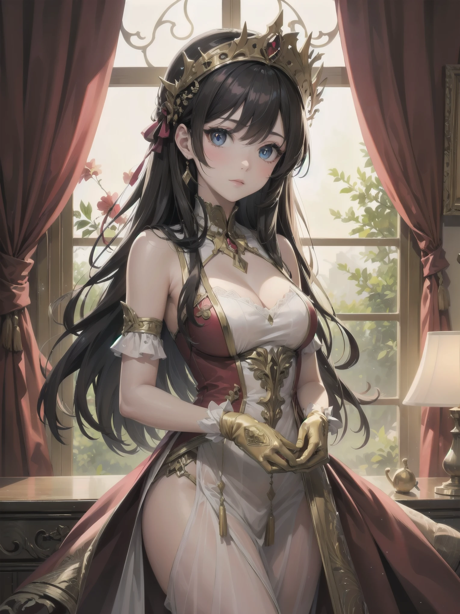 Artistic AI Art Galaxy(masterpiece:1.2, best quality), (finely detailed beautiful eyes: 1.2), highres, (beautiful detailed face), (1girl:1.2), BREAK
A character in a red and white dress with gold ornaments stands in front of a red curtain and a window with gold ornaments. The dress is gorgeous and refined, with a multi-layer structure. The character has long and flowing hair with flowers on it, and wears gloves. She has a noble and fragile trait. The light from the window creates a fantastical atmosphere, and the curtain and the window are carefully drawn. The image has a warm tone.