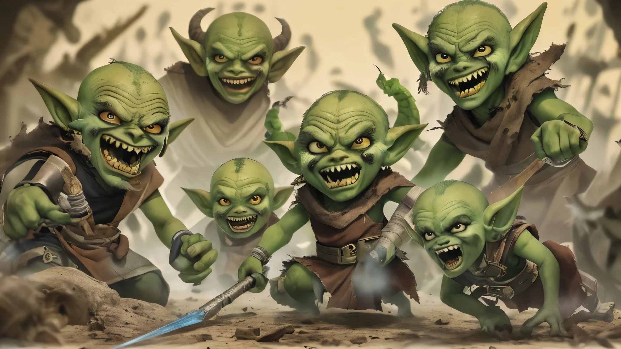 (master piece), 8k, best quality, panoramic view, Goblins, green, black and malicious eyes, evil, huge pointed ears, sharp teeth, bald, thin, 1 meter, 1.20 cm tall, dirty torn cloth clothing, fighting, throwing spell bomb,