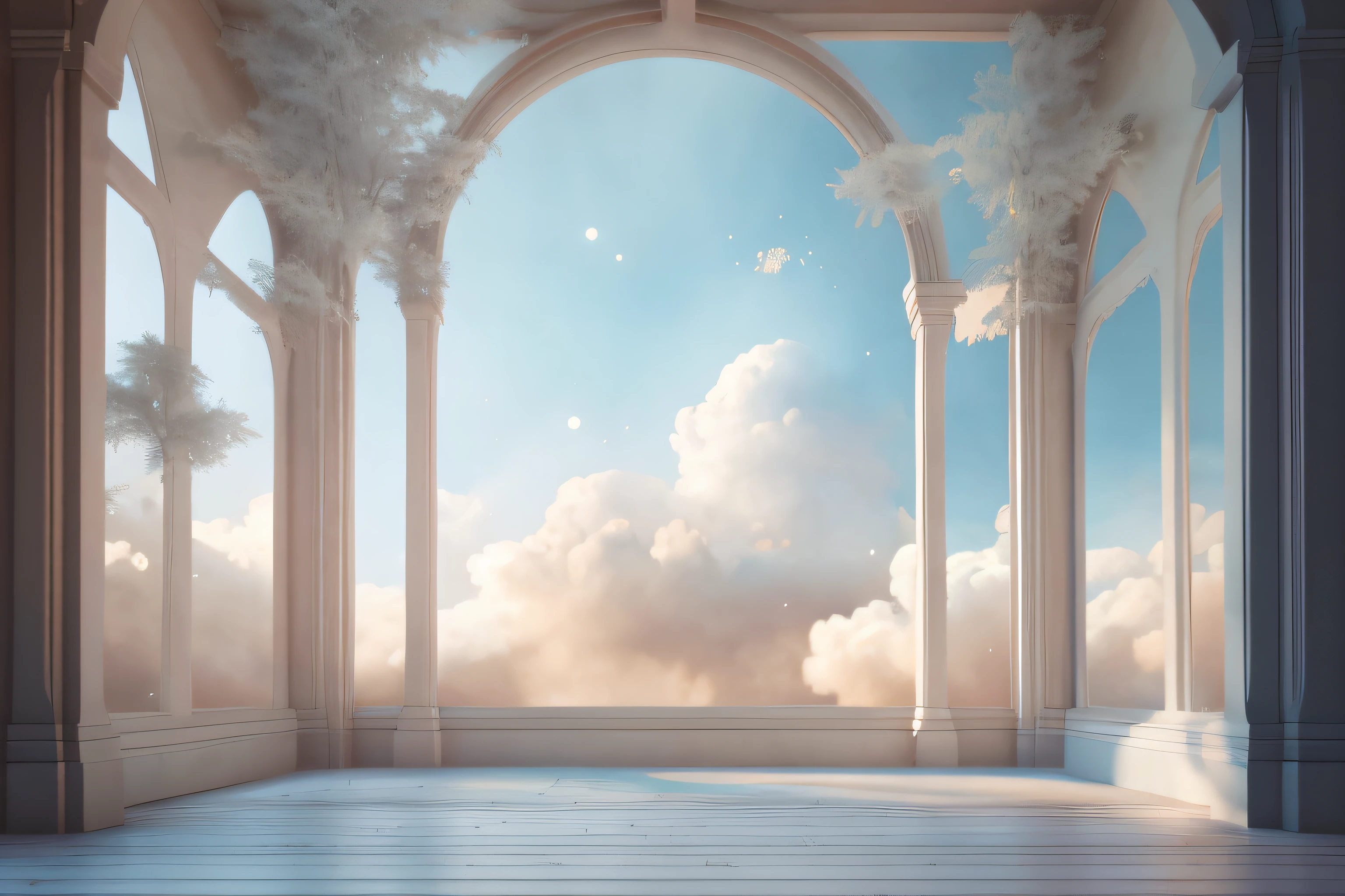 Olympus, Ararfed view from a room with a large window and a sky view, cloud palace, beautiful render of a fairytale, deite-se em nuvens brancas fairyland, heaven background, em nuvens brancas fairyland, cena de sonho, magic portal in the sky, luminous sky heaven background, Paisagem de sonho surreal, arcos brancos arrebatadores, Nas nuvens brancas Fairyland, Palace floating in the sky, ((melhor qualidade)), ((obra-prima)), (altamente detalhado: 1.3), HDR (high dynamic range), ray tracing, NVIDIA RTX, Super-Resolution, irreal 5, espalhamento subsuperficial, PBR Texturing, Post-processing, anisotropic filtering, profundidade de campo, Maximum clarity and sharpness, texturas multicamadas, Albedo e mapas Speculares, surface shading, Accurate simulation of light-material interaction, perfectly proportions, octan render, dual-tone lighting, ISO baixo, white-balance, rule of thirds, aperiatura ampla, 8K BRUTO, subpixel efficiency, sub-pixel convolution, luminescent particles, espalhamento de luz, efeito tyndall