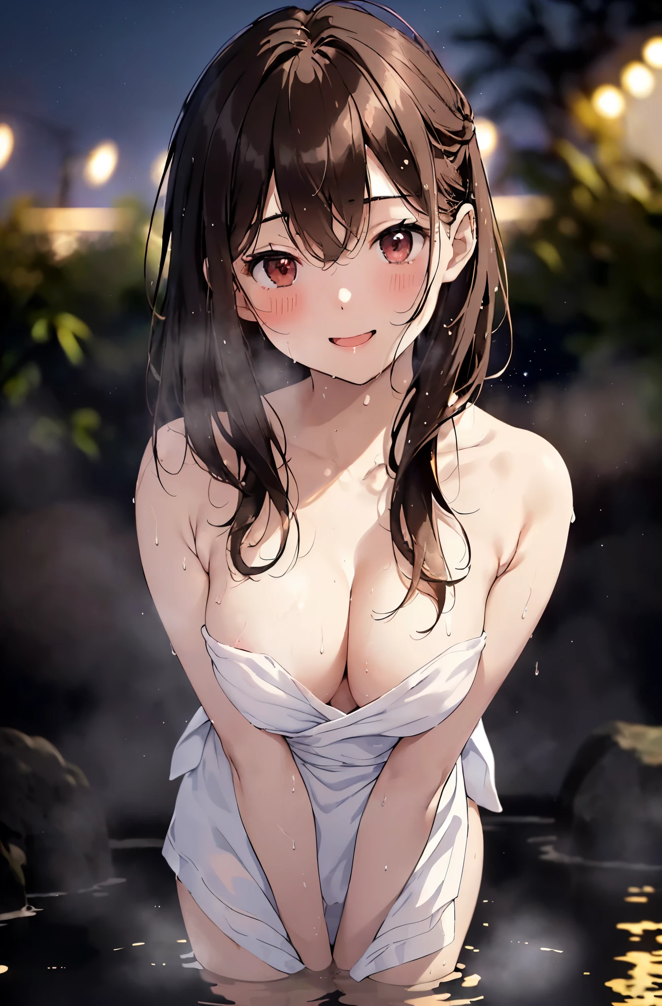 best quality, masterpiece, solo, 1 female、25 years old、(soft bust:1.2)、(Natural big breasts)、(cleavage)、(Slender body shape)、(naked towel)、Hide your breasts with a bath towel、emphasize the chest、thighs、(view audience:1.2)、(Oblique view from the front)、(Warm up in a hot spring)、(white highlight on pupil:1.2)、(dark red-brown eyes)、(black haired:1.2)、wet hair、(tie hair back:1.2)、(white skin)、white beautiful skin、wet skin、(blush:1.2)、shy smile、(open your mouth and laugh)、(big hot spring bath:1.2)、(open-air bath)、(steam:1.2)、(Blur the background a lot to make the woman stand out:1.3)、(night sky)、(starry sky)、orange garden lights、Running lights