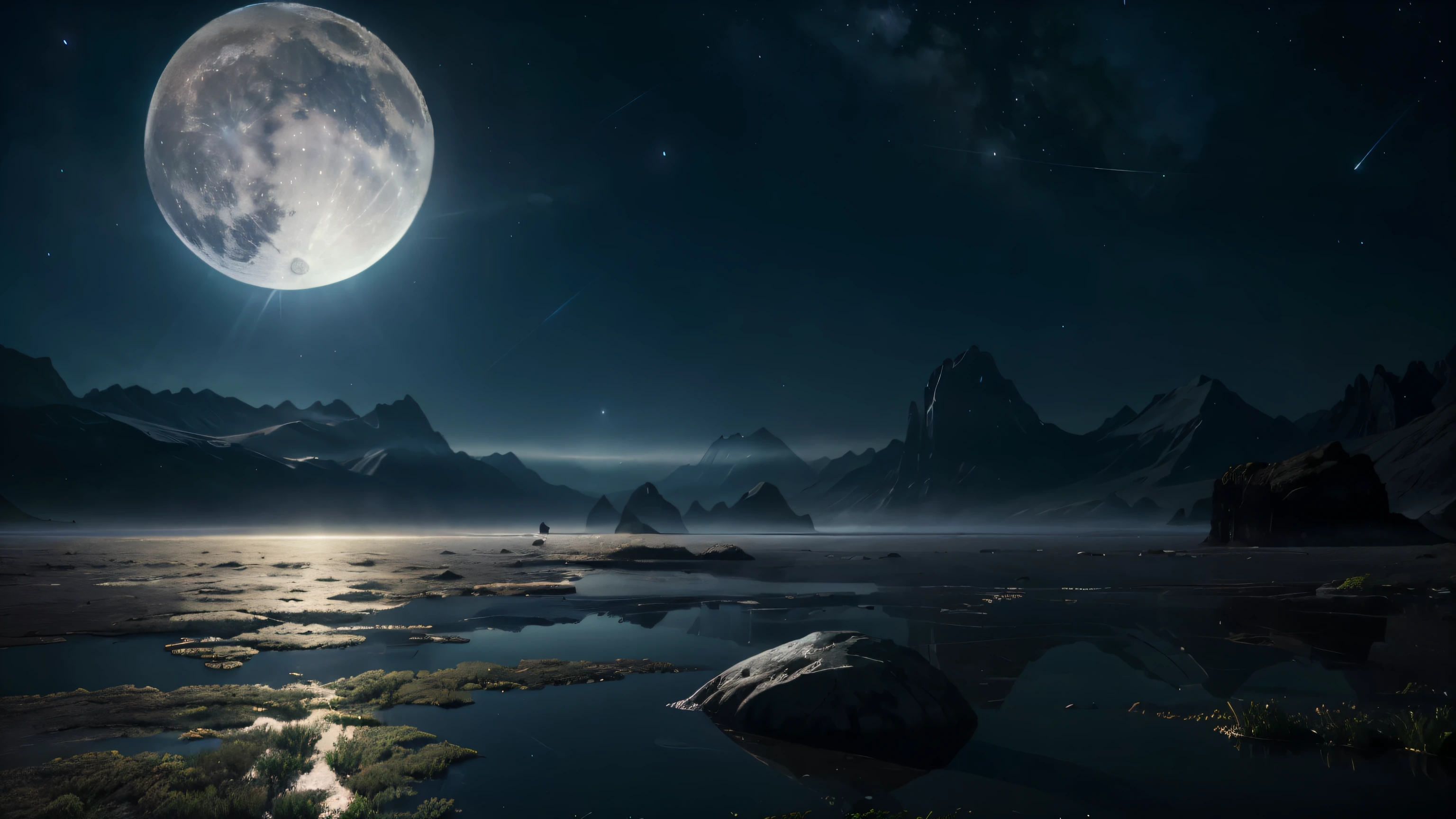 (best quality,4k,8k,highres,masterpiece:1.2),ultra-detailed,(realistic,photorealistic,photo-realistic:1.37),alien landscape,moon,lake,exotic plants,unearthly colors,mystical atmosphere,hovering spaceship,starlit sky,reflective water surface,ethereal beauty,epic proportions,hazy mist,surreal mountains,distant horizon,silent stillness,otherworldly tranquility,ambient lighting,unfamiliar terrain,dazzling celestial bodies,cosmic energy,vivid hues,extraterrestrial serenity,alien creature in the distance,peaceful solitude,rays of moonlight,sublime grandeur,unexplored mysteries,calm ripple of waves,imposing moon presence,enchanted tranquility,unprecedented beauty