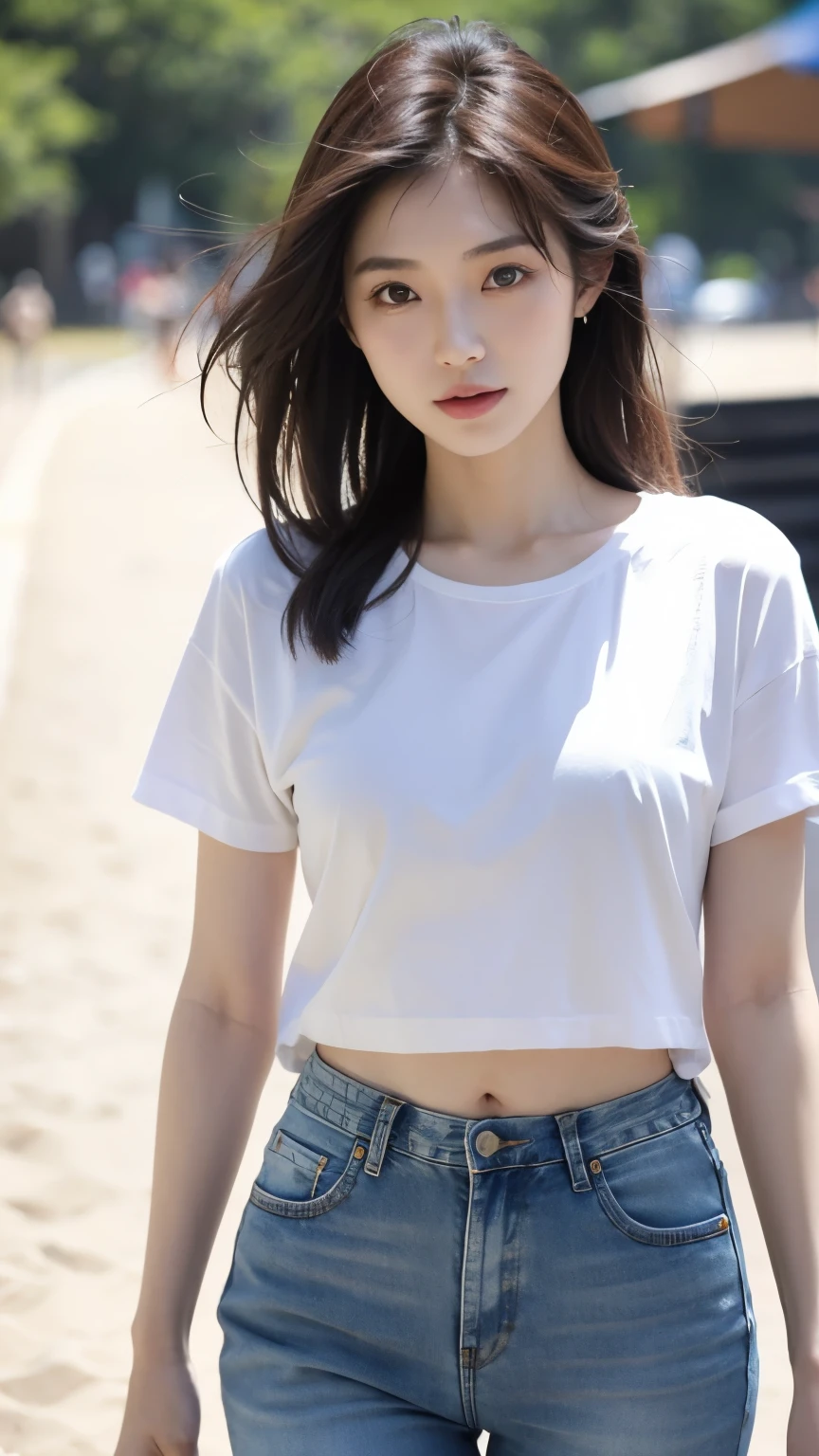 (Cinematic Photo), (a beautiful slender Japanese actress), 27yo, on the sunny beach, jeans, t-shirt, BREAK, thighs, detailed background, bokeh,