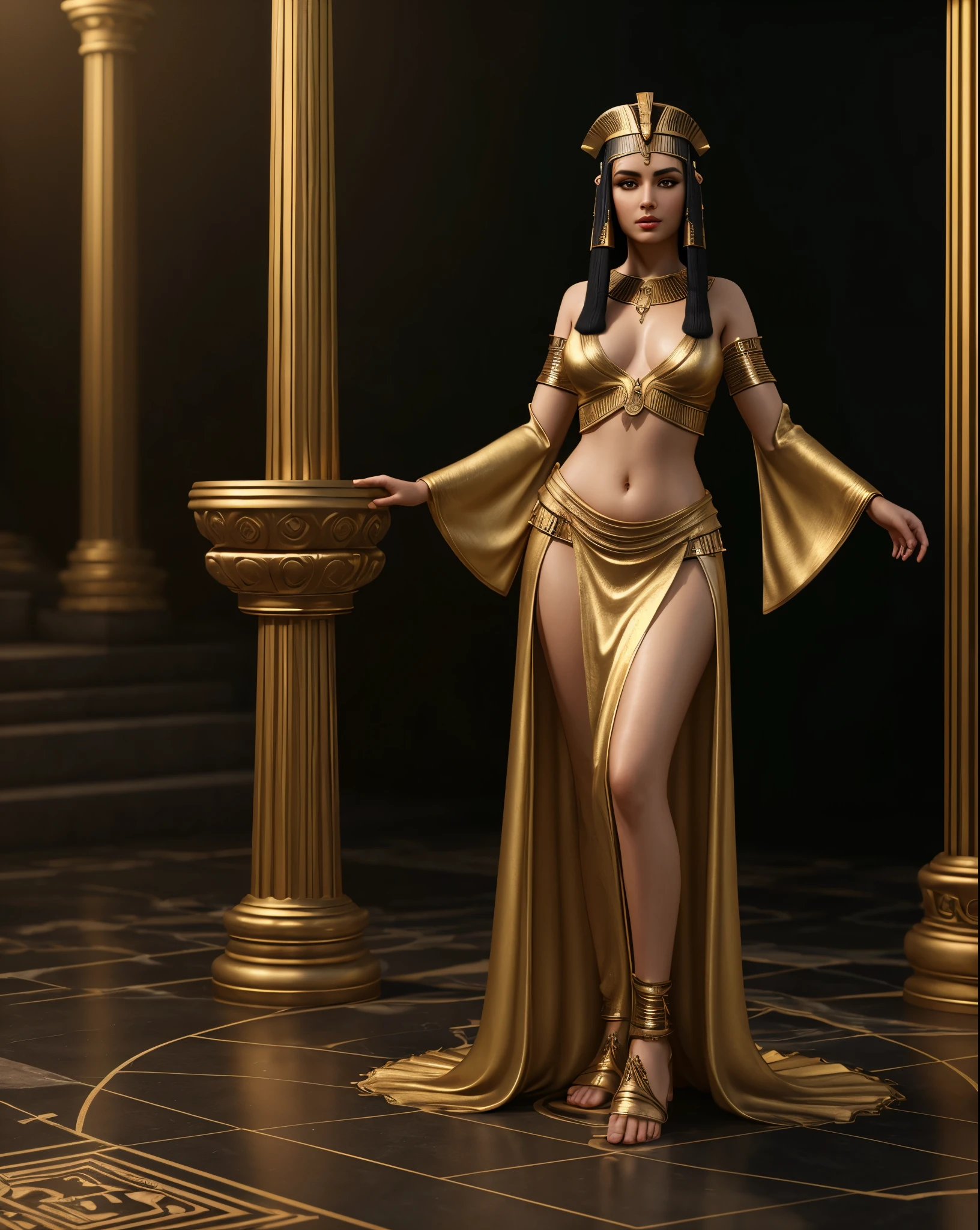 cleopatra full body, dressed with a sensual, elegant and lusty flowing tunic, tunic to the feet ,  assainsation highly detailed, professional digital painting, unreal engine 5, photorealism, full face,full body, hd quality, 8k resolution, cinema,professional photography