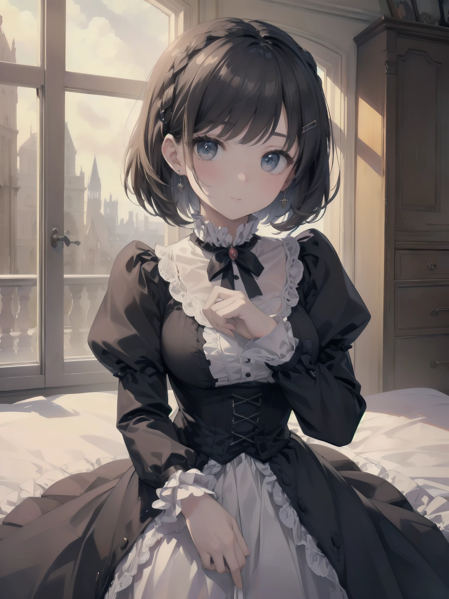 (highest quality、16K、masterpiece、ultra high resolution、Victorian era、Photoreal:1.2)、cowboy shot、One length bob cut braided hair clip with front drop、brand uniform cute、clear、 Tsundere、heroine attributes