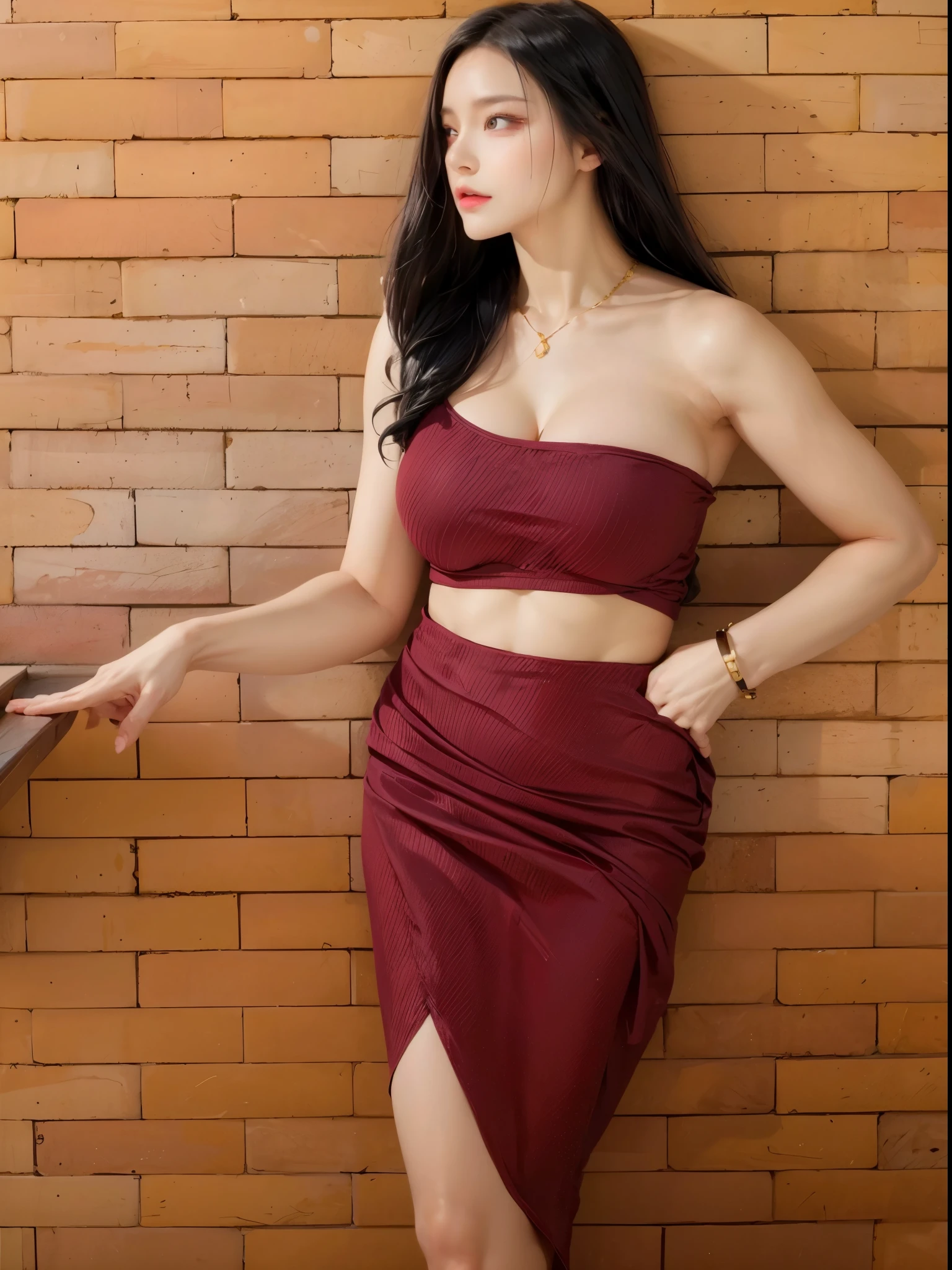 realistic, 1 women, best quality, 12k, HD, long hair, big round breasts, cleavage, ponytail, necklace, jewelry, shorts, short jacket, slim hips, hair tie, yellow eyes, black hair, super detailed, Eye details, hair details, person details, mouth details, face details, breast details, clothes details, hair details, pants details, hand details, whole body