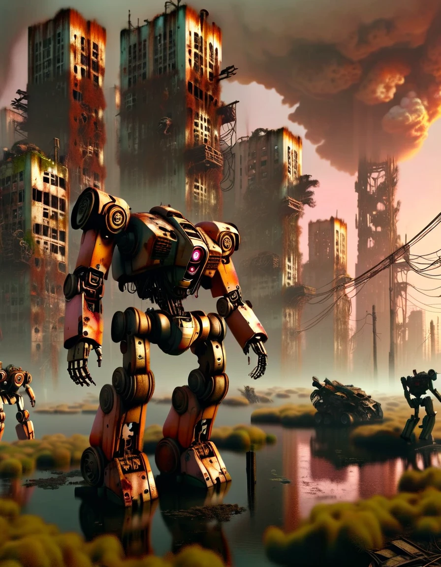 (full-body shot) , In a ruined city covered with vegetation，((1 Abandoned mechas, killer robots in the post-apocalyptic wasteland，Covered in rust and covered with moss, it stands alone in the middle of a pond filled with oil.:1.8))。Ruined city restored after nuclear blast，The outlines of the oppressive buildings in the background are clearly visible。((The mecha was severely damaged, with oil stains and scratches covering its surface.Its metal casing is rusty and its wires are exposed))，Reminiscent of its glorious past。However，Now it&#39;s just an abandoned shell，Abandoned in this post-apocalyptic landscape。Photos in a super minimalist style，the abandoned city is rendered in soft orange-pink tones，Creates a super warm atmosphere。Film grain and root effects add a sense of texture and nostalgia to the image。The lens is dimmed，Pastel colors and crazy details create a hyper-detailed post-apocalyptic atmosphere。This feeling is further enhanced by the oppressive buildings in the background and the distant twilight scene。This ultra-professional landscape photo is a stunning portrayal of an abandoned city and derelict mechas，it tells a story about war、A story of destruction and the passage of time，(global illumination, Ray tracing, high dynamic range, Unreal rendering, Reasonable design, high detail, masterpiece, best quality, ultra high definition, light)，3d style