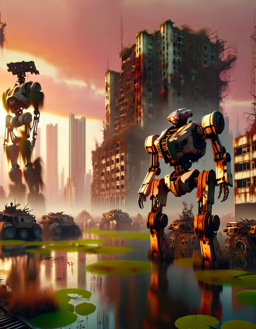 (full-body shot) , In a ruined city covered with vegetation,((1 Abandoned mechas, killer robots in the post-apocalyptic wasteland,Covered in rust and covered with moss, it stands alone in the middle of a pond filled with oil.:1.8))。Ruined city restored after nuclear blast,The outlines of the oppressive buildings in the background are clearly visible。((The mecha was severely damaged, with oil stains and scratches covering its surface.Its metal casing is rusty and its wires are exposed)),Reminiscent of its glorious past。However,Now it's just an abandoned shell,Abandoned in this post-apocalyptic landscape。Photos in a super minimalist style,the abandoned city is rendered in soft orange-pink tones,Creates a super warm atmosphere。Film grain and root effects add a sense of texture and nostalgia to the image。The lens is dimmed,Pastel colors and crazy details create a hyper-detailed post-apocalyptic atmosphere。This feeling is further enhanced by the oppressive buildings in the background and the distant twilight scene。This ultra-professional landscape photo is a stunning portrayal of an abandoned city and derelict mechas,it tells a story about war、A story of destruction and the passage of time,(global illumination, Ray tracing, high dynamic range, Unreal rendering, Reasonable design, high detail, masterpiece, best quality, ultra high definition, light),3d style