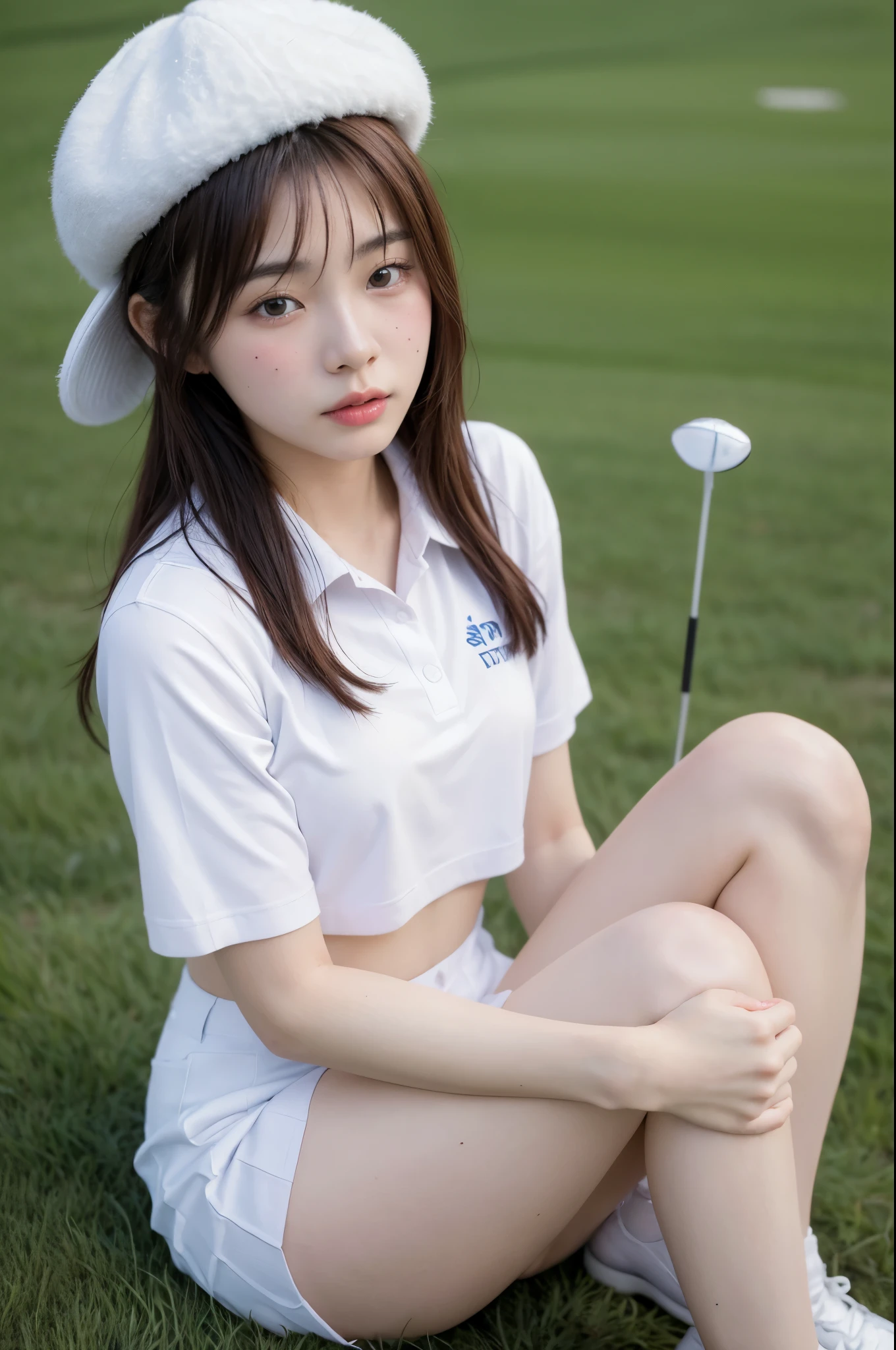 ((1 Korean girl)), ethereal beautiful, beautiful girl,slim, real skin tone, soft light, close up picture, masterpiece, best quality, photo-realistic, high resolution, detailed skin, 8k uhd, dslr, soft lighting, high quality, film grain, Sony A7S, full body, (topless golf uniform with hat:1.4), ((outdoor)), ((sitting pose)), (nsfw:1.4), soft hairy pussy