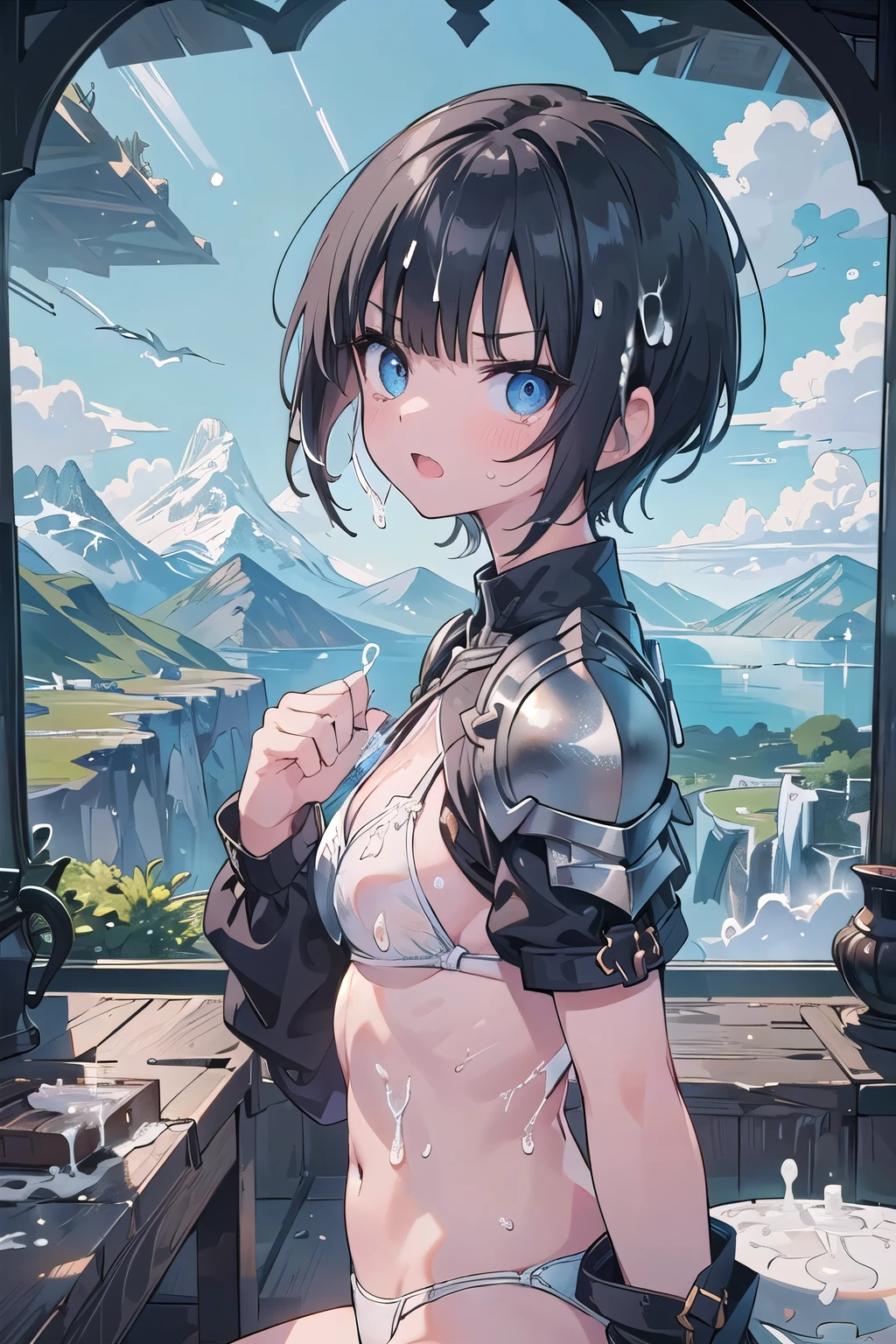 (masterpiece:1.2), (highest quality:1.2), Upper body, perfect eyes, perfect face, perfect lighting, mountainous horizon, 1 girl, 1 boy, black hair, black eye, ((very short back hair)), blunt bangs, cute eyes, Medium chest , ((From the side)),From above, open mouth, vivid description,orgasm, I was scared, crying face, tooth, anger, From the side, (((white bikini armor))), (((disdain))), (((((cum on body))))), ((((glaring)))), (abs), kneeling,