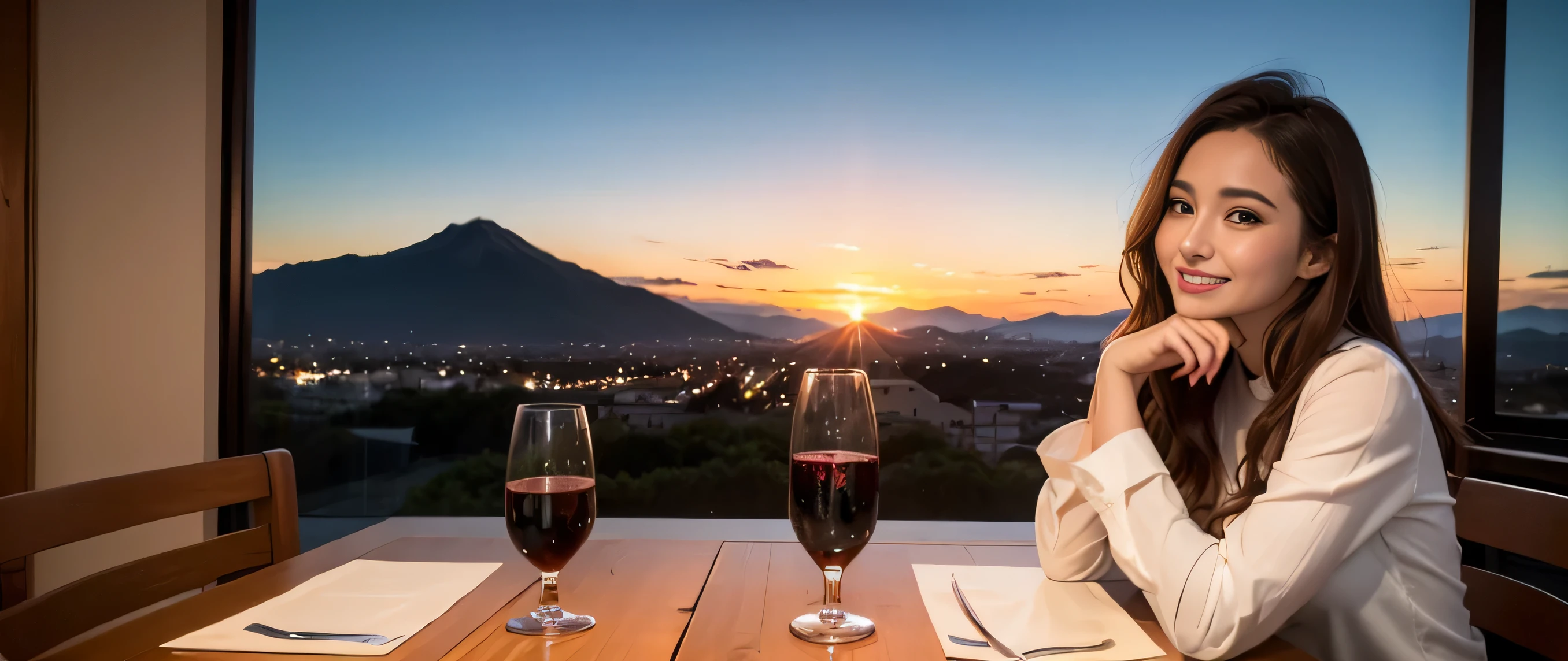64k, Hmm, highest quality, masterpiece: 1.2), (realistic, photorealistic: 1.37), Spectacular view of the sunset sky and clouds、Amazing mountain views、3 slim beauties, (slim face),Happy、 the best smile、Fox face、Berry Short、(because I&#39;thin), (brown hair), (shortcut), long sleeve shirt、winter fashion、Colombian、Brazilian、Japanese、Dutch、German、Portuguese、Belgian、Italian、French,Champagne、sparkling wine、 (squirt), (slim body), (brown hair), (shortcut), neat beauty、cheeks turn a little red, (35 years old), 38 years old, alone, A beautiful and detailed night view spreads out outside the window....., restaurant, wine glass is sitting, At night, in a prominent place (from the Upper body) nova frog style, actress, model, Upper body, White wine, slim, wine glass, Very beautiful night view, wine glass Put in the Middle, Happy smile, (smile: 1.15), 