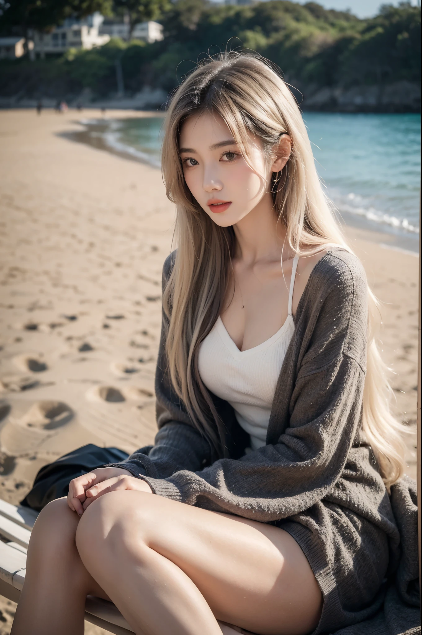 21yo girl, Arafad woman with long white hair sitting on the beach, Portrait of Korean female idol, 