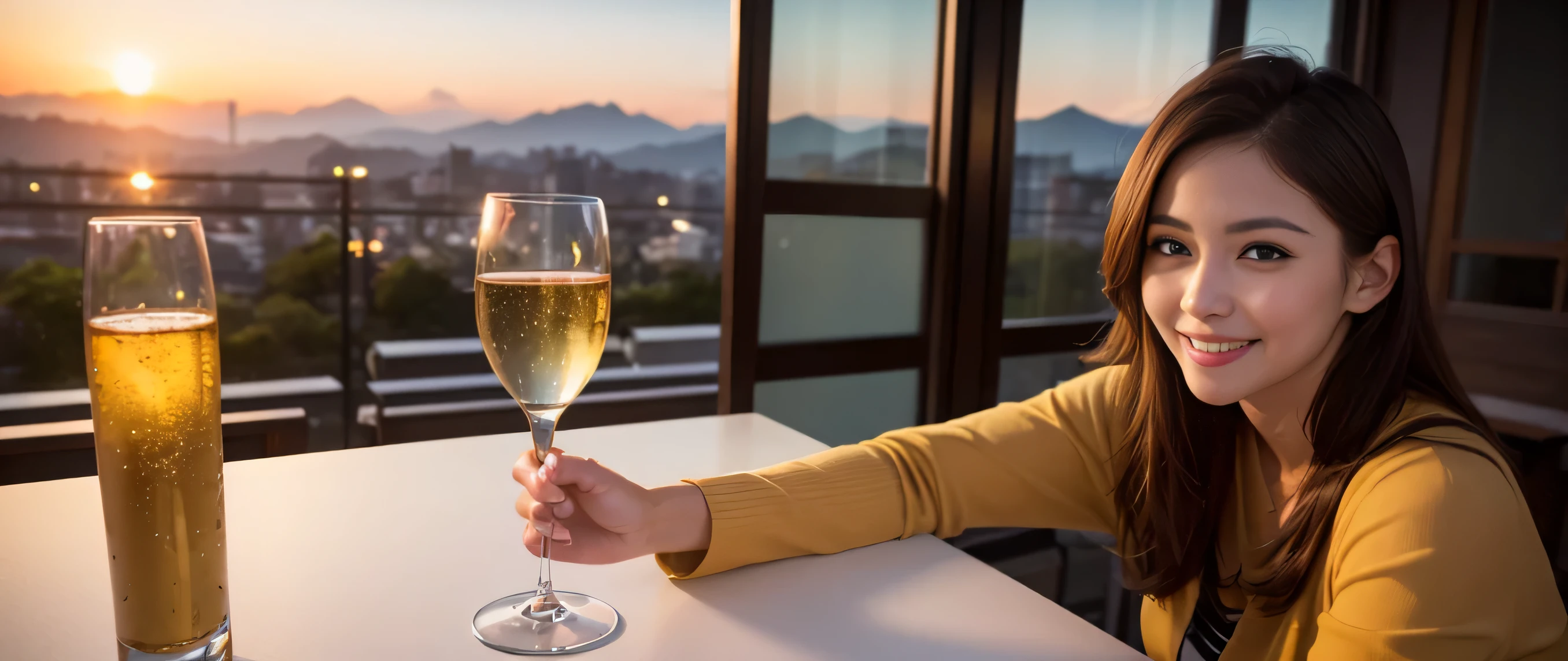 64k, Hmm, highest quality, masterpiece: 1.2), (realistic, photorealistic: 1.37), Spectacular view of the sunset sky and clouds、Amazing mountain views、3 slim beauties, (slim face),Happy、 the best smile、Fox face、Berry Short、(because I'thin), (brown hair), (shortcut), long sleeve shirt、winter fashion、Colombian、Brazilian、Japanese、Dutch、German、Portuguese、Belgian、Italian、French,Champagne、sparkling wine、 (squirt), (slim body), (brown hair), (shortcut), neat beauty、cheeks turn a little red, (35 years old), 38 years old, alone, A beautiful and detailed night view spreads out outside the window....., restaurant, wine glass is sitting, At night, in a prominent place (from the Upper body) nova frog style, actress, model, Upper body, White wine, slim, wine glass, Very beautiful night view, wine glass Put in the Middle, Happy smile, (smile: 1.15),