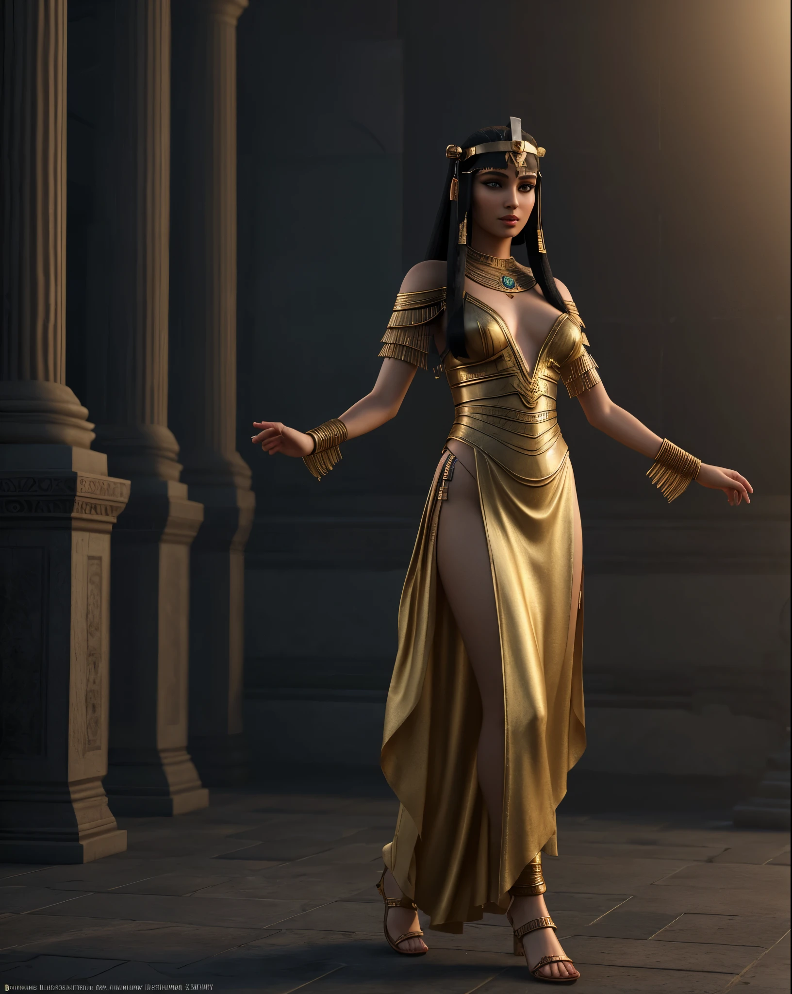 cleopatra full body, dressed with a sensual, elegant and lusty flowing tunic, tunic to the feet ,  assainsation highly detailed, professional digital painting, unreal engine 5, photorealism, full face,full body, hd quality, 8k resolution, cinema,professional photography