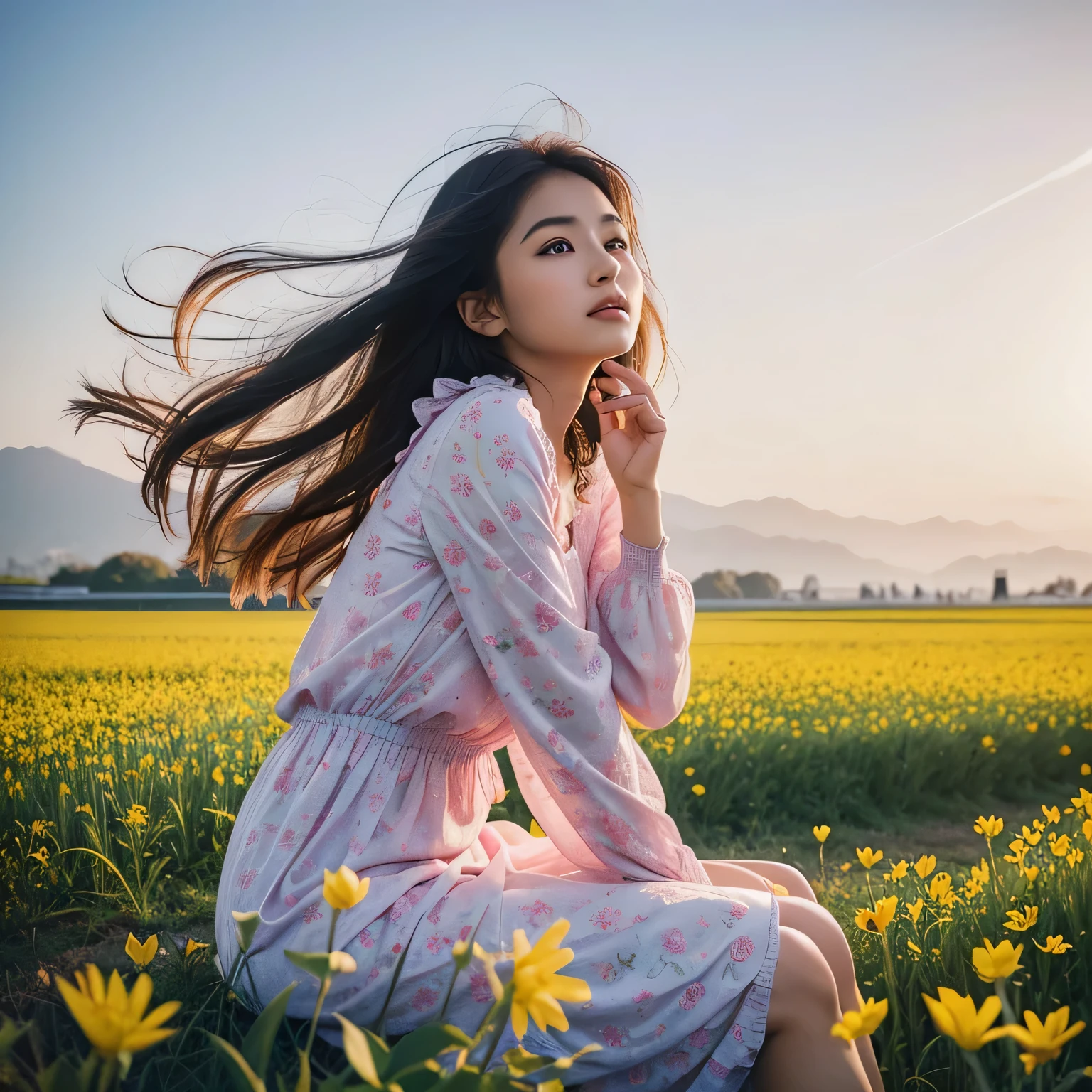 TYPE : Beauty Photography
THEME : natural
RACE : Indonesian, young
PERSON 1 : Early 20s, woman
SCENE : outdoor , sitting in the middle of a field of very tall and beautiful flower field, side view , full filled with tall flower field, creating an beauty atmosphere , wind blowing effect, beautiful expression , graceful pose .
PROPS: : fields of tall flower field, blue sky , wearing soft pink patterned long dress, wind blow
CAMERA : photographed using an Canon eos 90d DSLR camera with 18-135mm lens , detail skin texture , detailed face , close up , low exposure
ANGLE : High Dynamic Range (HDR) shot