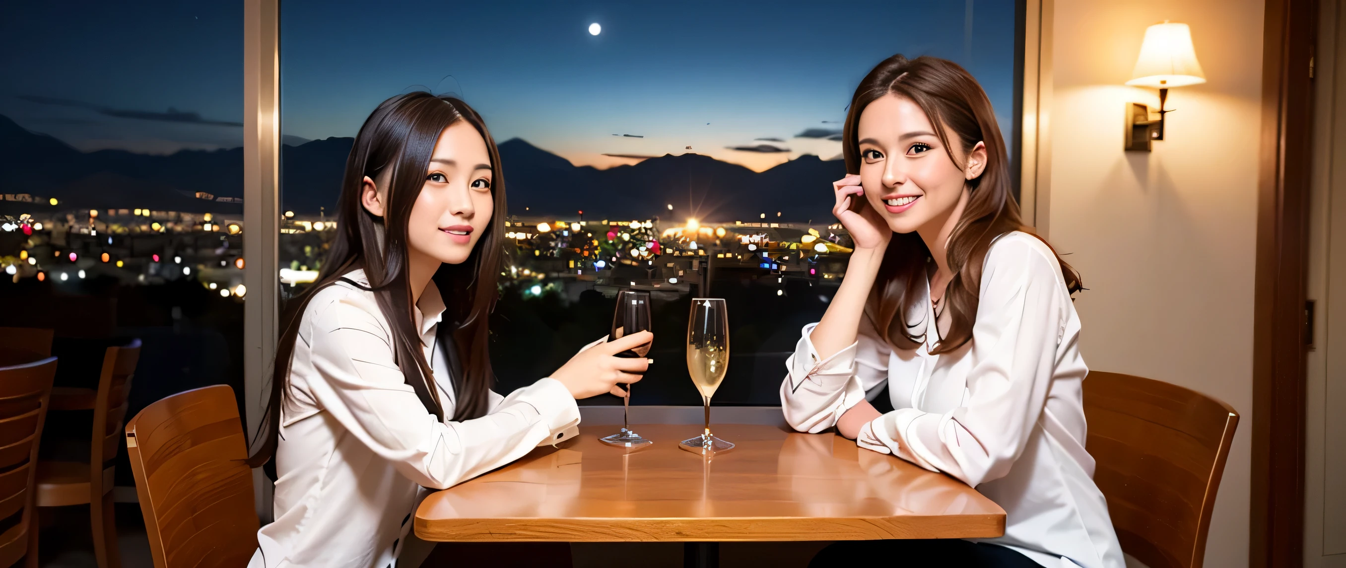 64k, Hmm, highest quality, masterpiece: 1.2), (realistic, photorealistic: 1.37), Spectacular view of the sunset sky and clouds、Amazing mountain views、3 slim beauties, (slim face),Happy、 the best smile、Fox face、Berry Short、(because I'thin), (brown hair), (shortcut), long sleeve shirt、winter fashion、Colombian、Brazilian、Japanese、Dutch、German、Portuguese、Belgian、Italian、French,Champagne、sparkling wine、 (squirt), (slim body), (brown hair), (shortcut), neat beauty、cheeks turn a little red, (35 years old), 38 years old, alone, A beautiful and detailed night view spreads out outside the window....., restaurant, wine glass is sitting, At night, in a prominent place (from the Upper body) nova frog style, actress, model, Upper body, White wine, slim, wine glass, Very beautiful night view, wine glass Put in the Middle, Happy smile, (smile: 1.15),