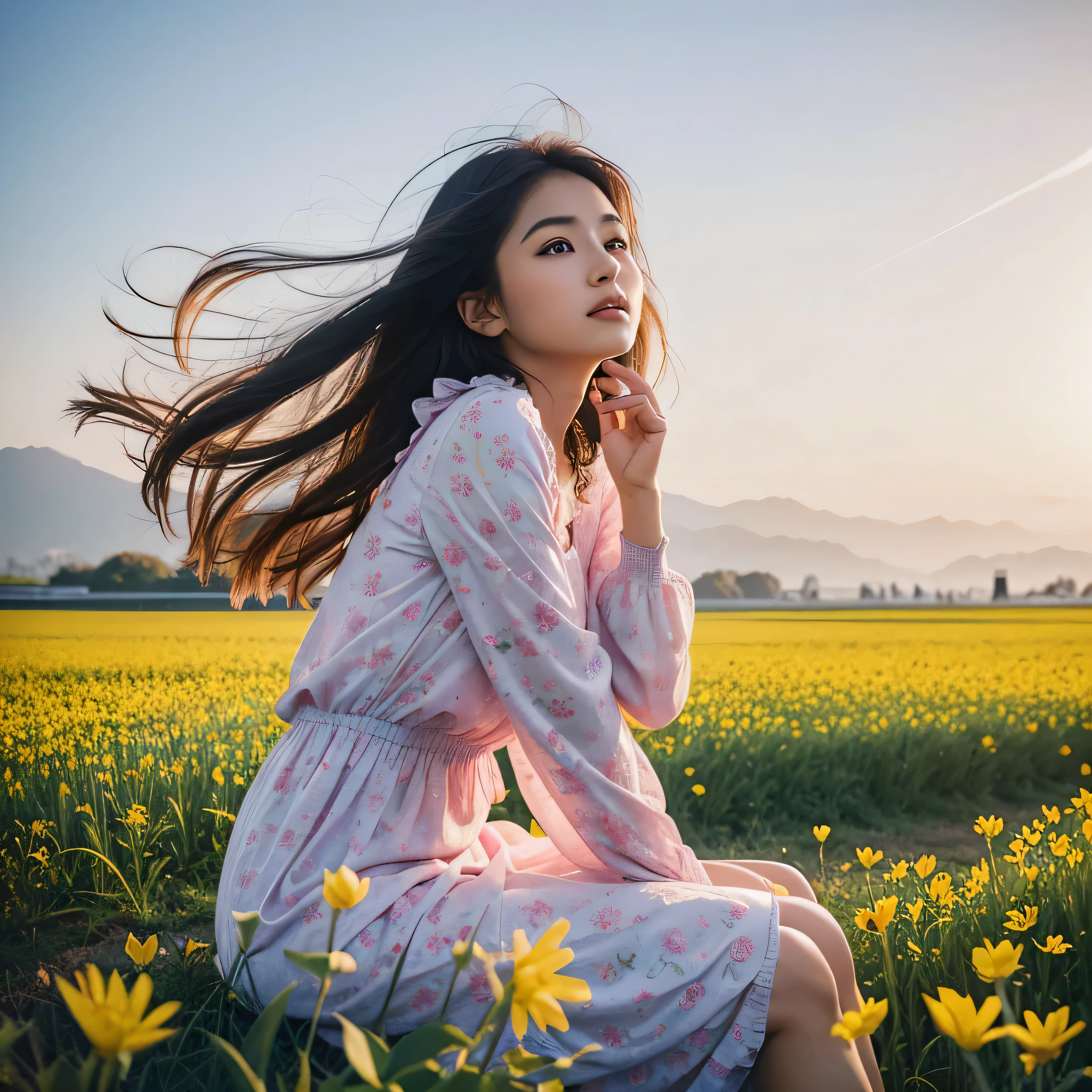TYPE : Beauty Photography
THEME : natural
RACE : Indonesian, young
PERSON 1 : Early 20s, woman
SCENE : outdoor , sitting in the middle of a field of very tall and beautiful flower field, side view , full filled with tall flower field, creating an beauty atmosphere , wind blowing effect, beautiful expression , graceful pose .
PROPS: : fields of tall flower field, blue sky , wearing soft pink patterned long dress, wind blow
CAMERA : photographed using an Canon eos 90d DSLR camera with 18-135mm lens , detail skin texture , detailed face , close up , low exposure
ANGLE : High Dynamic Range (HDR) shot