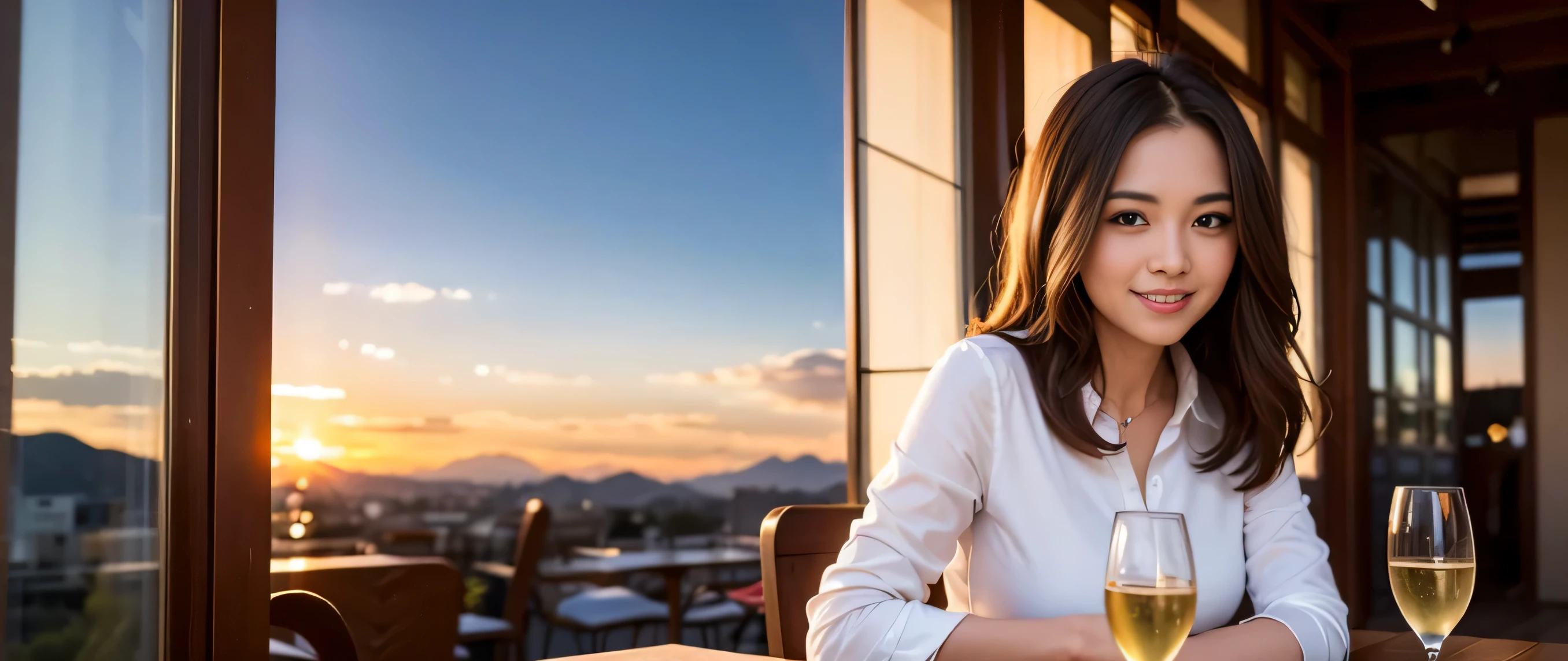 64k, Hmm, highest quality, masterpiece: 1.2), (realistic, photorealistic: 1.37), Spectacular view of the sunset sky and clouds、Amazing mountain views、3 slim beauties, (slim face),Happy、 the best smile、Fox face、Berry Short、(because I'thin), (brown hair), (shortcut), long sleeve shirt、winter fashion、Colombian、Brazilian、Japanese、Dutch、German、Portuguese、Belgian、Italian、French,Champagne、sparkling wine、 (squirt), (slim body), (brown hair), (shortcut), neat beauty、cheeks turn a little red, (42 years old), 38 years old, alone, A beautiful and detailed night view spreads out outside the window....., restaurant, wine glass is sitting, At night, in a prominent place (from the Upper body) nova frog style, actress, model, Upper body, White wine, slim, wine glass, Very beautiful night view, wine glass Put in the Middle, Happy smile, (smile: 1.15),