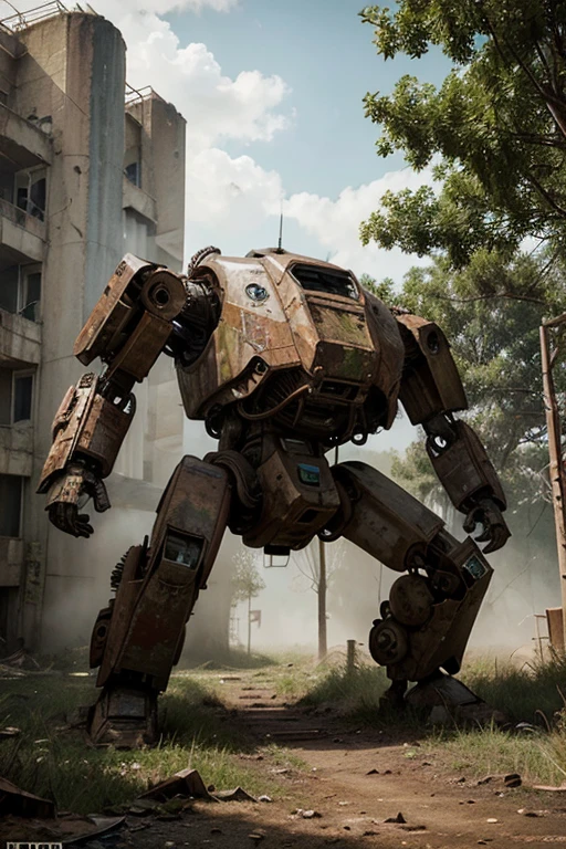 Create a photorealistic image of an abandoned mech, showing the signs of rust and decay. The mech should be large and imposing, taking up a significant portion of the frame. The setting should be outdoors, with natural elements such as grass and vines growing around and over the mech. The time of day should be overcast, adding to the sense of abandonment and decay. The image should be such high quality that it could be mistaken for a photograph.