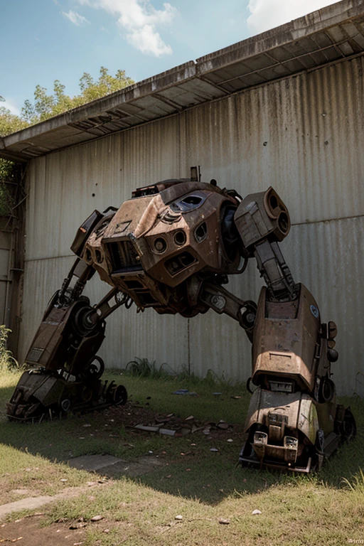 Create a photorealistic image of an abandoned mech, showing the signs of rust and decay. The mech should be large and imposing, taking up a significant portion of the frame. The setting should be outdoors, with natural elements such as grass and vines growing around and over the mech. The time of day should be overcast, adding to the sense of abandonment and decay. The image should be such high quality that it could be mistaken for a photograph.