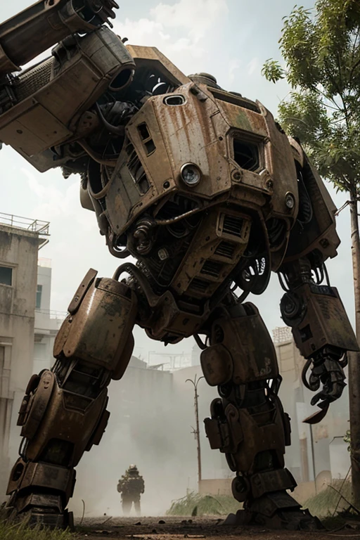 Create a photorealistic image of an abandoned mech, showing the signs of rust and decay. The mech should be large and imposing, taking up a significant portion of the frame. The setting should be outdoors, with natural elements such as grass and vines growing around and over the mech. The time of day should be overcast, adding to the sense of abandonment and decay. The image should be such high quality that it could be mistaken for a photograph.