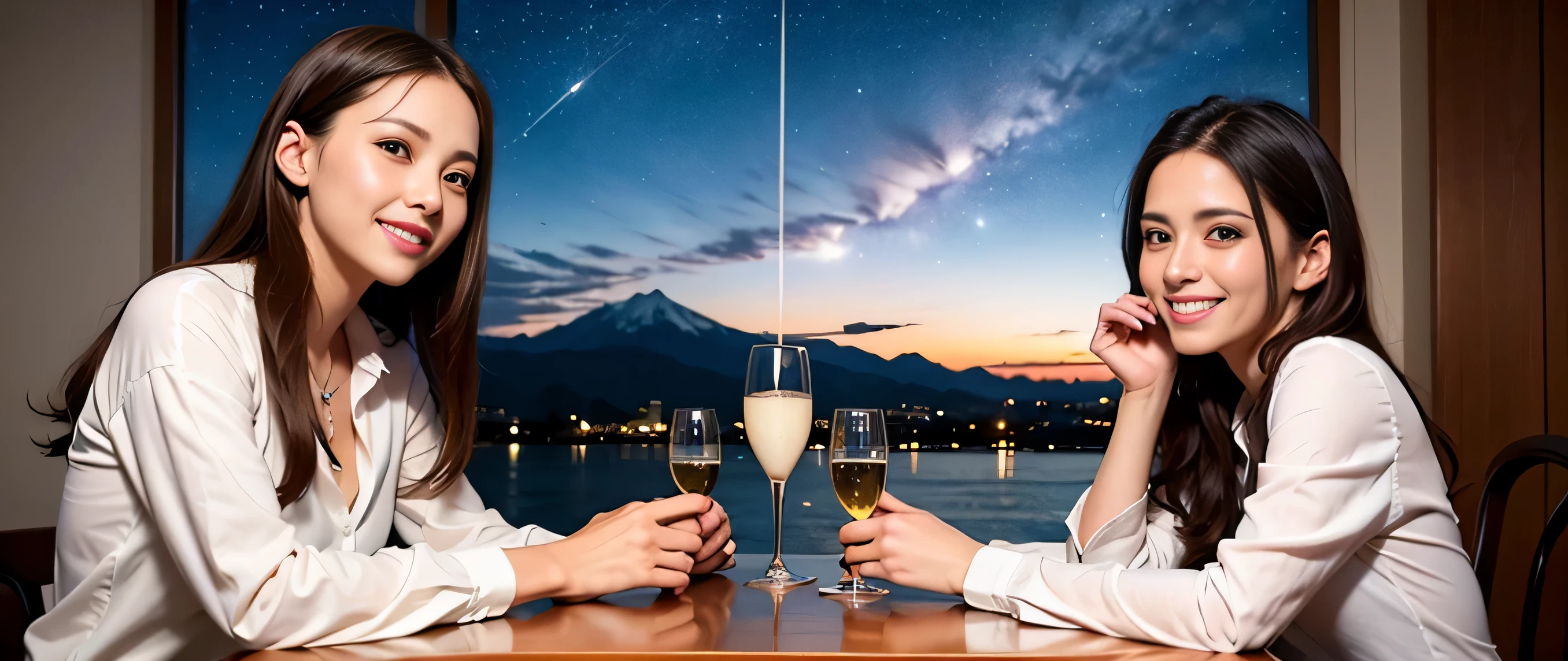 64k, Hmm, highest quality, masterpiece: 1.2), (realistic, photorealistic: 1.37), Spectacular view of the sunset sky and clouds、Amazing mountain views、3 slim beauties, (slim face),Happy、 the best smile、Fox face、Berry Short、(because I'thin), (brown hair), (shortcut), long sleeve shirt、winter fashion、Colombian、Brazilian、Japanese、Dutch、German、Portuguese、Belgian、Italian、French,Champagne、sparkling wine、 (squirt), (slim body), (brown hair), (shortcut), neat beauty、cheeks turn a little red, (35 years old), 38 years old, alone, A beautiful and detailed night view spreads out outside the window....., restaurant, wine glass is sitting, At night, in a prominent place (from the Upper body) nova frog style, actress, model, Upper body, White wine, slim, wine glass, Very beautiful night view, wine glass Put in the Middle, Happy smile, (smile: 1.15),