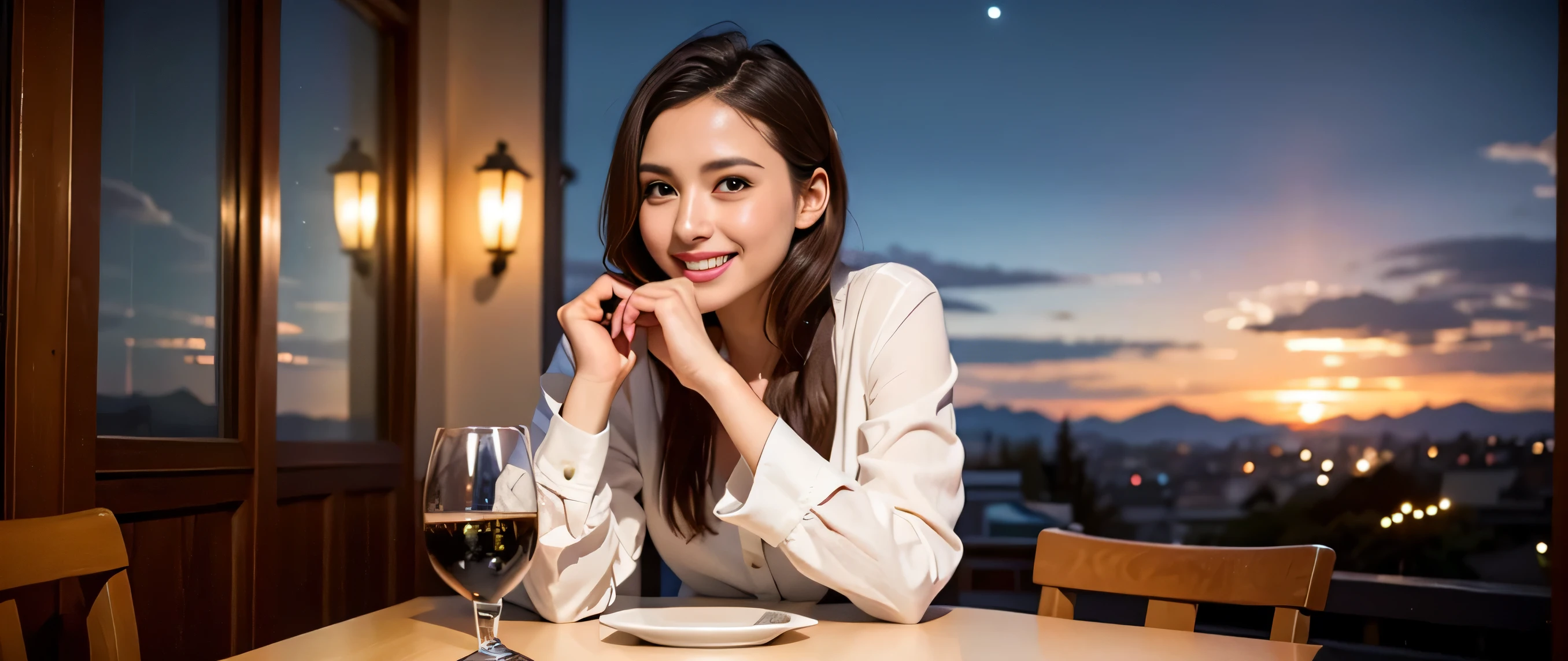 64k, Hmm, highest quality, masterpiece: 1.2), (realistic, photorealistic: 1.37), Spectacular view of the sunset sky and clouds、Amazing mountain views、3 slim beauties, (slim face),Happy、 the best smile、Fox face、Berry Short、(because I'thin), (brown hair), (shortcut), long sleeve shirt、winter fashion、Colombian、Brazilian、Japanese、Dutch、German、Portuguese、Belgian、Italian、French,Champagne、sparkling wine、 (squirt), (slim body), (brown hair), (shortcut), neat beauty、cheeks turn a little red, (35 years old), 38 years old, alone, A beautiful and detailed night view spreads out outside the window....., restaurant, wine glass is sitting, At night, in a prominent place (from the Upper body) nova frog style, actress, model, Upper body, White wine, slim, wine glass, Very beautiful night view, wine glass Put in the Middle, Happy smile, (smile: 1.15),