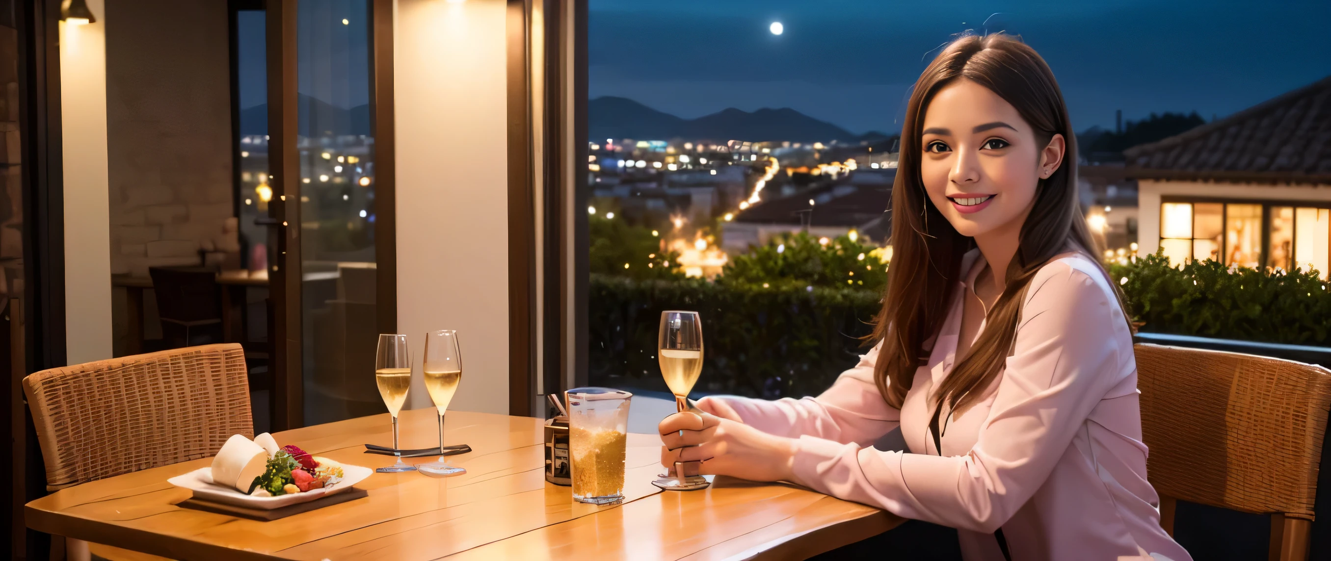 64k, Hmm, highest quality, masterpiece: 1.2), (realistic, photorealistic: 1.37), Spectacular view of the sunset sky and clouds、Amazing mountain views、3 slim beauties, (slim face),Happy、 the best smile、Fox face、Berry Short、(because I'thin), (brown hair), (shortcut), long sleeve shirt、winter fashion、Colombian、Brazilian、Japanese、Dutch、German、Portuguese、Belgian、Italian、French,Champagne、sparkling wine、 (squirt), (slim body), (brown hair), (shortcut), neat beauty、cheeks turn a little red, (44 years old), 38 years old, alone, A beautiful and detailed night view spreads out outside the window....., restaurant, wine glass is sitting, At night, in a prominent place (from the Upper body) nova frog style, actress, model, Upper body, White wine, slim, wine glass, Very beautiful night view, wine glass Put in the Middle, Happy smile, (smile: 1.15),