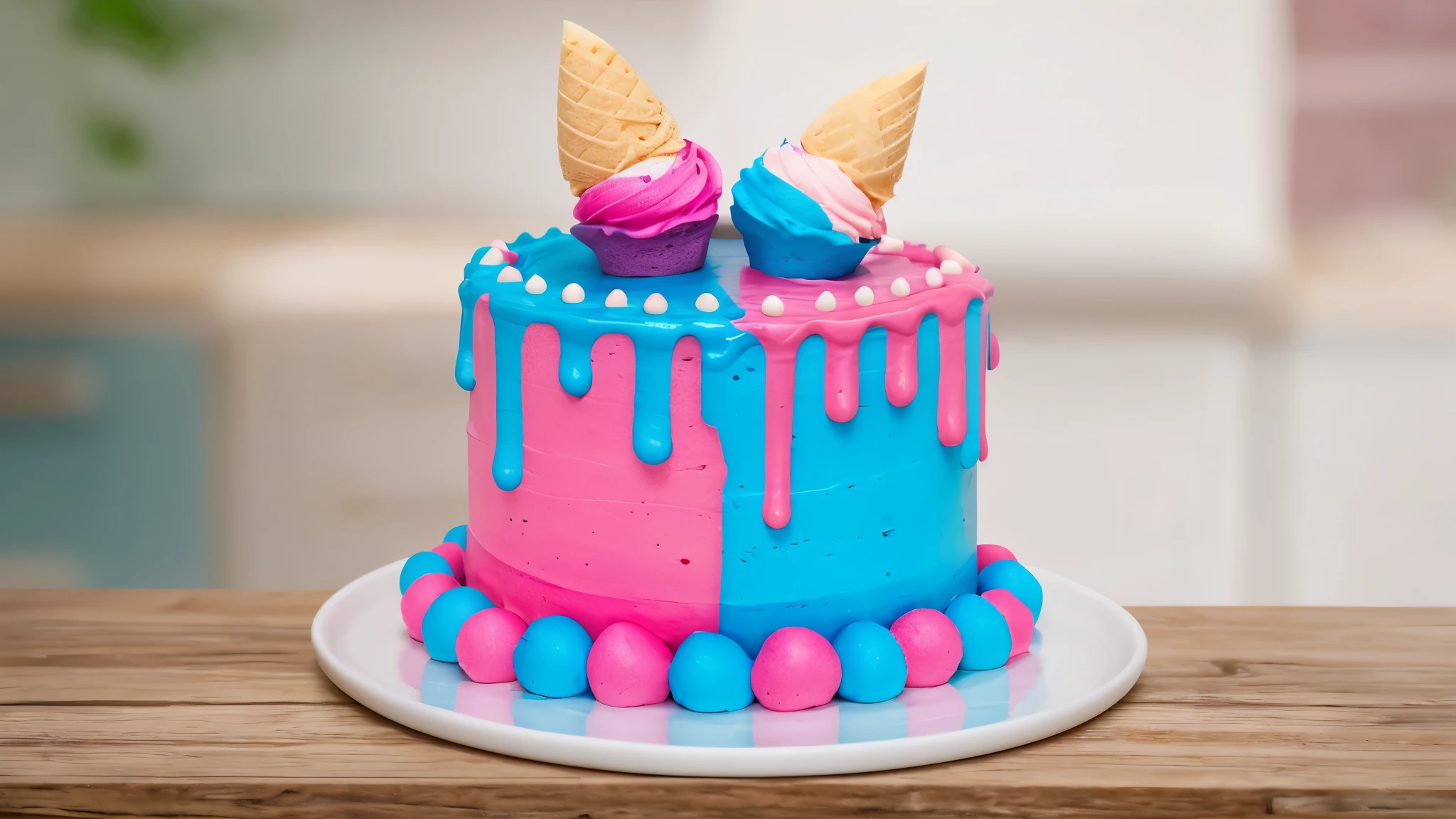 on a wooden table there is a white plate with a tiny cake, on a white plate there is a cake, half pink, half blue. pink and blue cream flows down it, streaks of pink and blue chocolate, two ice cream cones with pink and blue ice cream on top, blurred kitchen background, realistic texture, realistic style, detailed texture, macro photography, ultra hd 4k