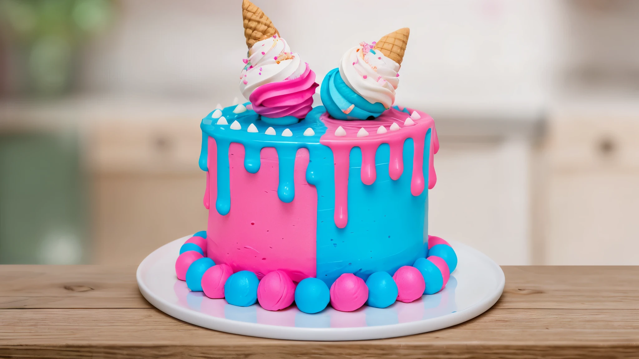 on a wooden table there is a white plate with a tiny cake, on a white plate there is a cake, half pink, half blue. pink and blue cream flows down it, streaks of pink and blue chocolate, two ice cream cones with pink and blue ice cream on top, blurred kitchen background, realistic texture, realistic style, detailed texture, macro photography, ultra hd 4k