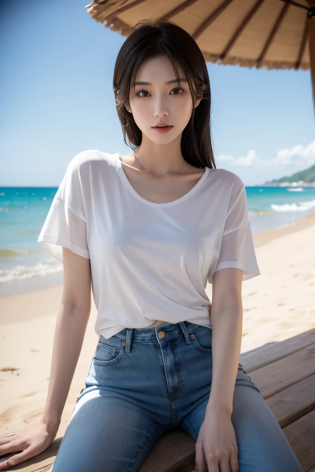 (Cinematic Photo), (a beautiful slender Japanese actress), 27yo, on the sunny beach, skinny jeans, t-shirt, BREAK, thighs, detailed background, bokeh,