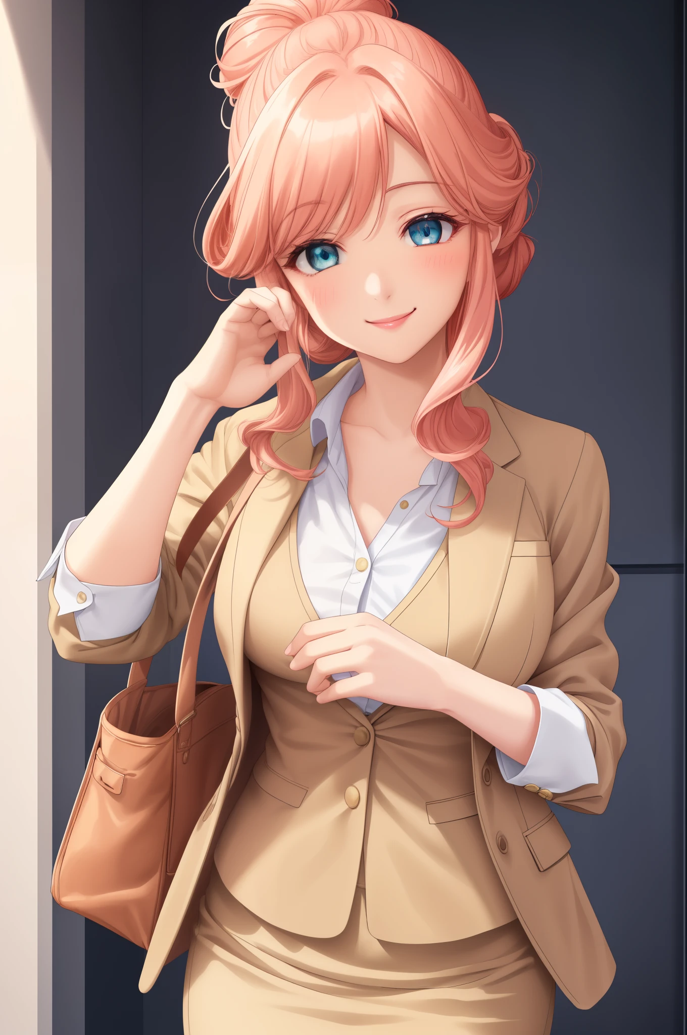 Gyokuha, Gyokuha妃, (1 girl:1.), (solo:1.3), long hair, pink hair, bun hair, single hair, (White buttoned shirt:1.3), (open chest, (beige suit:1.3), (pencil skirt:1.2), have a bag, highest quality, High resolution, unity 8k wallpaper, (An illustration: 0.8), (detailed and beautiful eyes:1.6), highly detailed face, perfect lighting, Detailed CG, (perfect hands, perfect anatomy), (smile:1.3), gentle smile, blush, free pose