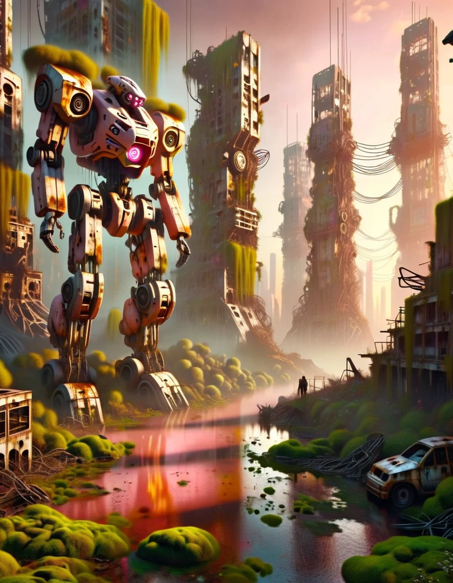 (full-body shot) , In a ruined city covered with vegetation,((1 Abandoned mechas, killer robots in the post-apocalyptic wasteland,Covered in rust and covered with moss, it stands alone in the middle of a pond filled with oil.:1.8))。Ruined city restored after nuclear blast,The outlines of the oppressive buildings in the background are clearly visible。((The mecha was severely damaged, with oil stains and scratches covering its surface.Its metal casing is rusty and its wires are exposed)),Reminiscent of its glorious past。However,Now it's just an abandoned shell,Abandoned in this post-apocalyptic landscape。Photos in a super minimalist style,the abandoned city is rendered in soft orange-pink tones,Creates a super warm atmosphere。Film grain and root effects add a sense of texture and nostalgia to the image。The lens is dimmed,Pastel colors and crazy details create a hyper-detailed post-apocalyptic atmosphere。This feeling is further enhanced by the oppressive buildings in the background and the distant twilight scene。This ultra-professional landscape photo is a stunning portrayal of an abandoned city and derelict mechas,it tells a story about war、A story of destruction and the passage of time,(global illumination, Ray tracing, high dynamic range, Unreal rendering, Reasonable design, high detail, masterpiece, best quality, ultra high definition, light),3d style