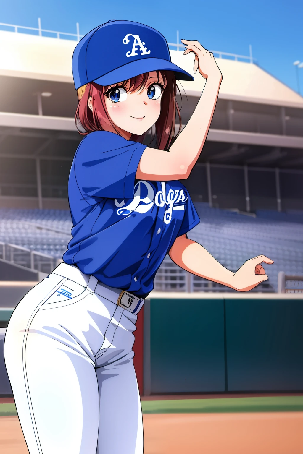 Baseball stadium, Dodgers uniform, wearing a cap, cute Japanese woman,vintage,style,1990s anime style