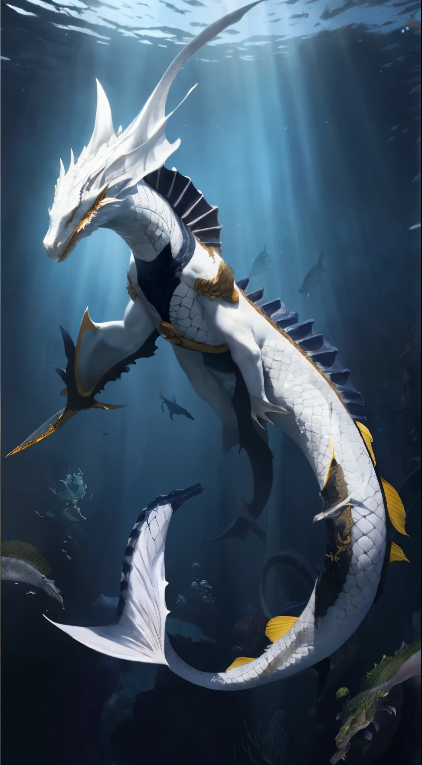 there is a white and yellow dragon with a black tail, sea dragon, sea serpent, underwater sea dragon, serpentine water monster, water dragon, feng zhu concept art, aquatic creature, underwater sea dragon full body, chinese dragon concept art, queen of the sea mu yanling, underwater leviathan, leviathan, jormungandr, a beautiful detailed orixa