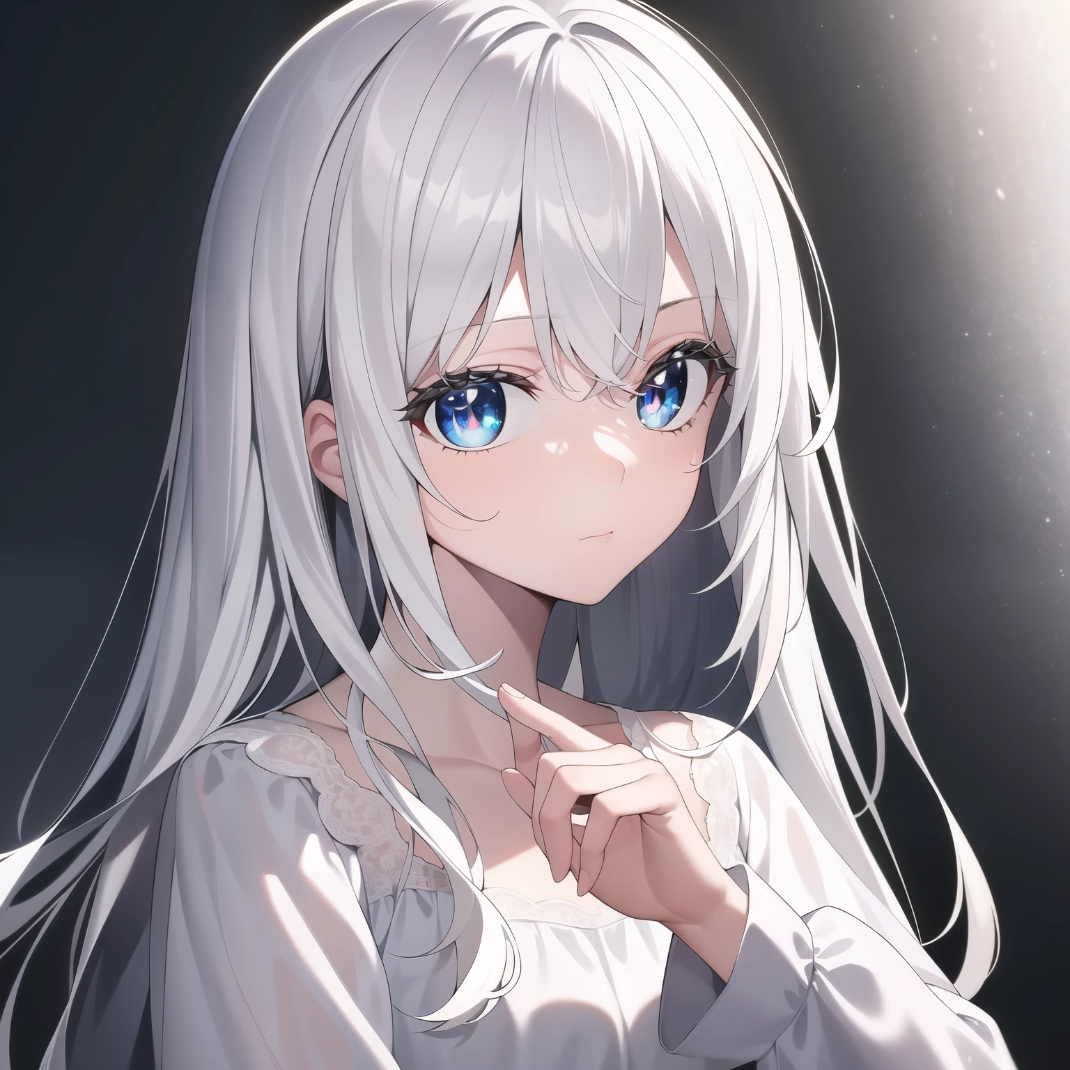 ((masterpiece, best quality))++, detail light+, detail hair+, Detail hand+ ,1 girl, Honey, long gray hair, dark blue eyes, beautiful eyes, Young gray hair,,(beautiful white hair:1.5),(beautiful eyes), high resolution+, a black nightgown, Glass tones, Reflective eyeanyery detail wallpaper, The original, ,