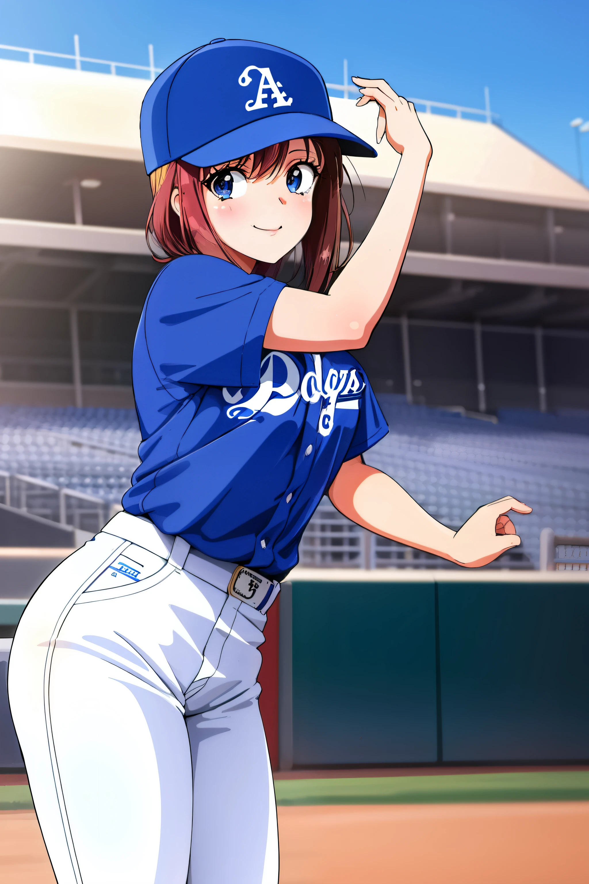 Baseball stadium, Dodgers uniform, wearing a cap, cute Japanese woman,vintage,style,1990s anime style