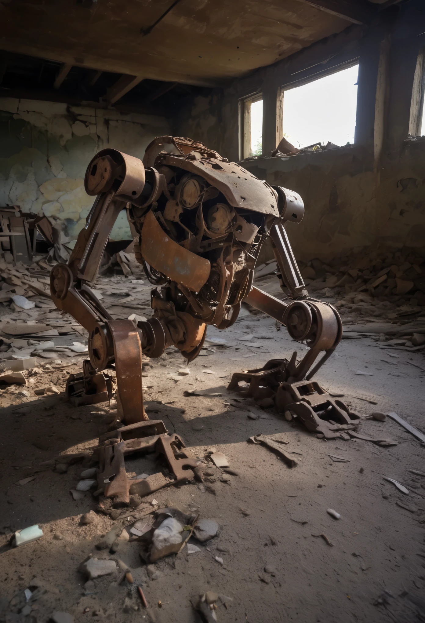  This photograph showcases a discarded mech, its old metal surface and rusty parts telling a story of neglect. Dim light filters through the gaps of the dilapidated mech, illuminating the scene. The mech's tires are flattened and deflated, leaving it stranded in a desolate background amidst the ruins of an abandoned factory. The scene is set in a post-apocalyptic world, filled with sci-fi elements that evoke a sense of doom and gloom.