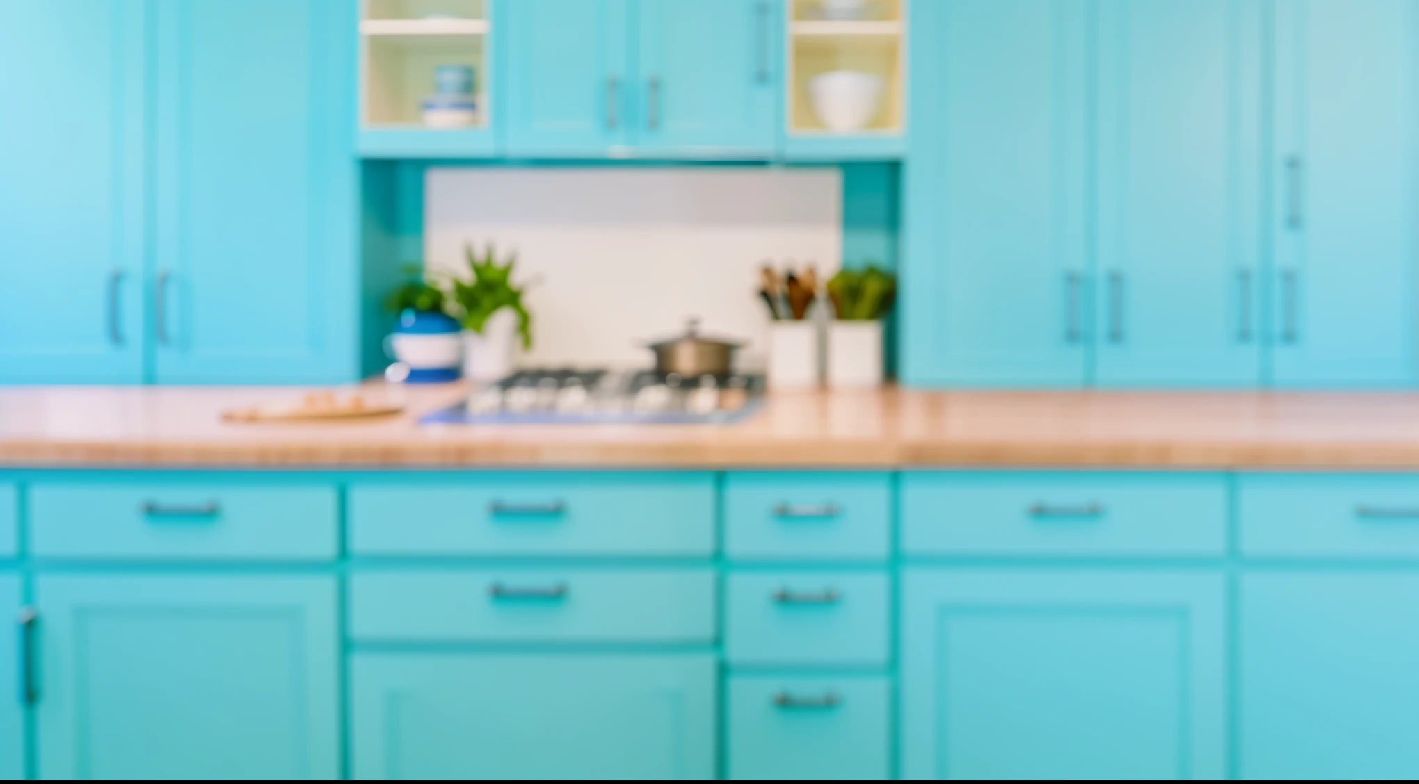 there is a blurry image of a kitchen with blue cabinets, some background blur, artistic interpretation, blurred photo, blue blurred, background blurred, no blur, kitchen background, background blur, stylistic blur, blurry image, blurred detail, blurred, blur background, deblur, slight blur, photographic color scheme blur, blurred background, vibrant pastel colors, soft blur