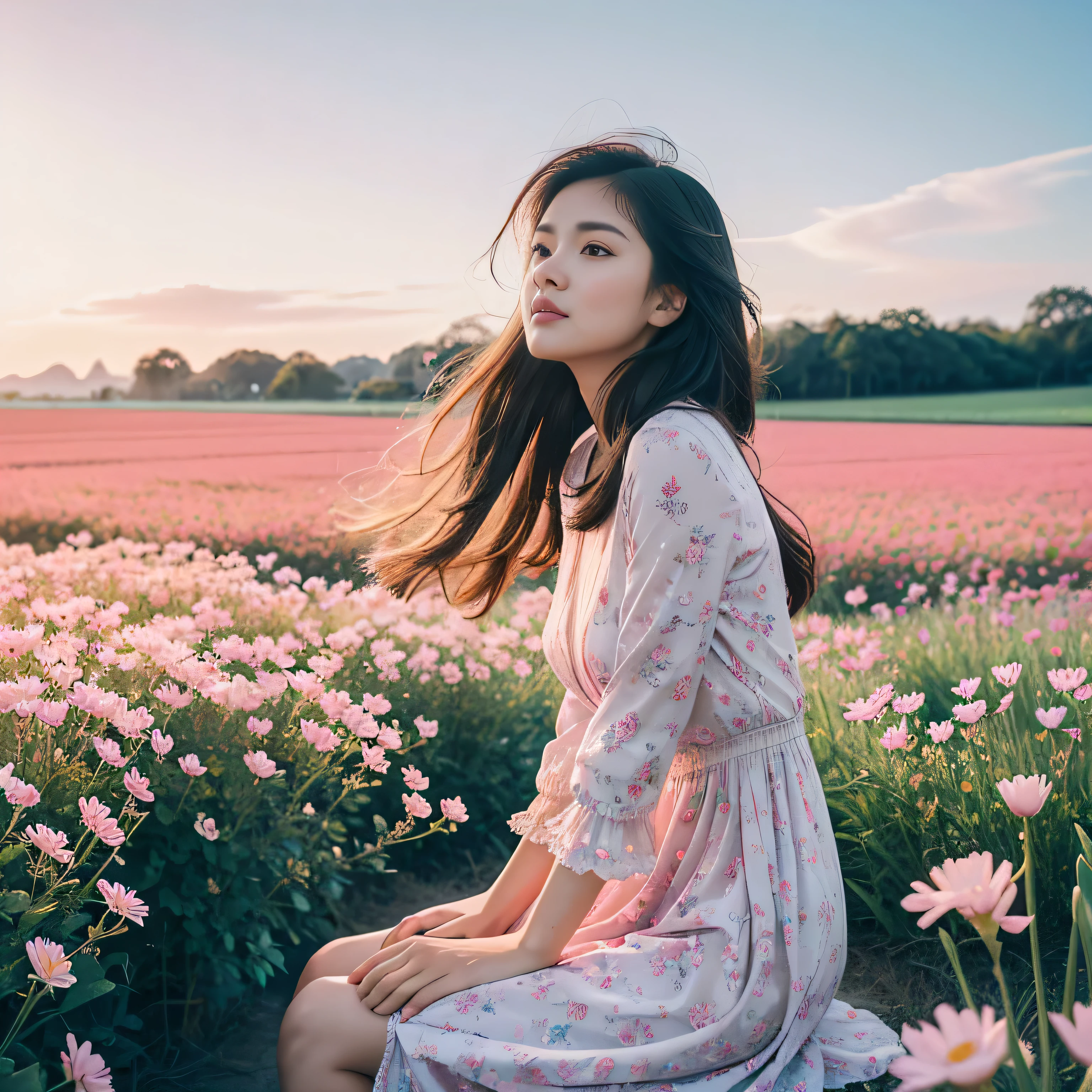 TYPE : Beauty Photography
THEME : natural
RACE : Indonesian, young
PERSON 1 : Early 20s, woman
SCENE : outdoor , sitting in the middle of a field of very tall and beautiful flower field, side view , full filled with tall flower field, creating an beauty atmosphere , wind blowing effect, beautiful expression , graceful pose .
PROPS: : fields of tall flower field, blue sky  , wearing soft pink patterned long dress, wind blow 
CAMERA : photographed using an Canon eos 90d DSLR camera with 18-135mm lens , detail skin texture , detailed face , close up , low exposure
ANGLE : High Dynamic Range (HDR) shot
