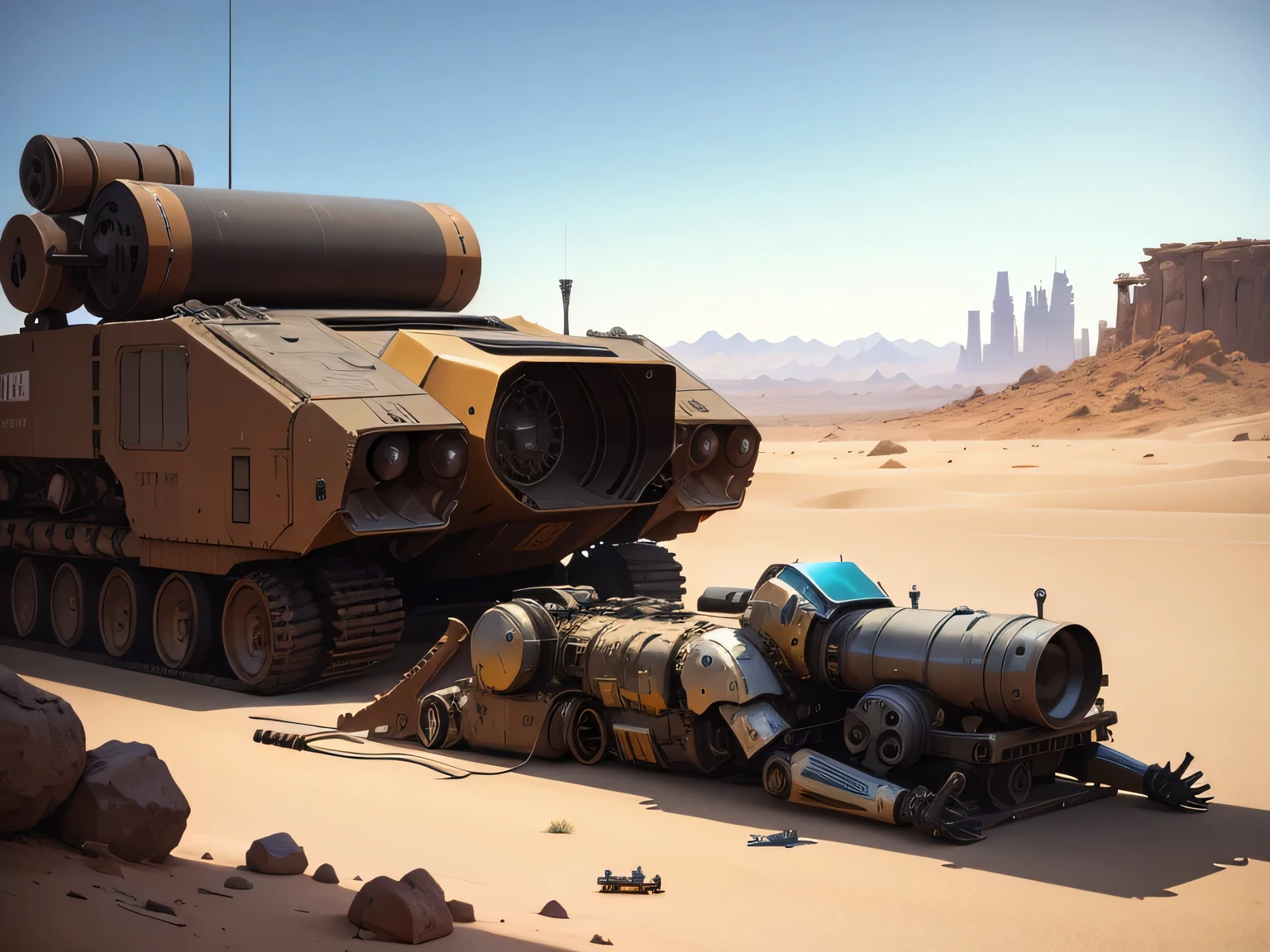 Abandoned large mecha,discard useless,(Tattered mech),(Rusty),Giant mecha lying down,there is a large robot sitting on the ground in the desert, by Craig Mullins, beeple and jean giraud, craig mullins nekro, pascal blanche,