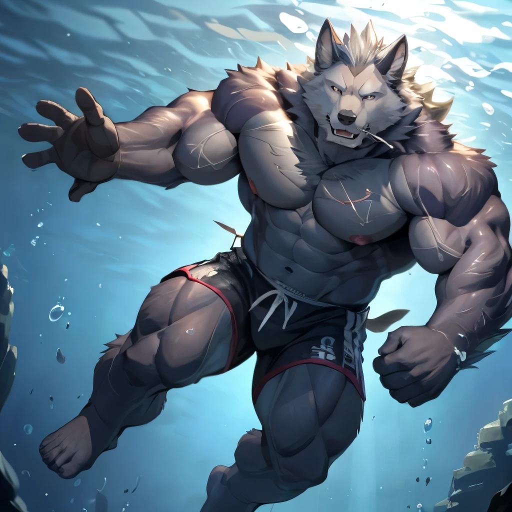 solo,masterpiece,high quality,(detailed eyes),furry male wolf,((blaidd)),huge muscular,huge body,looking at viewer,anime,sexy,looking viewer,showing muscle,short shorts,(dynamic action),pool,(by null-ghost),by pino daeni, underwater, swimming underwater, bubbles from mouth, full body view, white trunks,