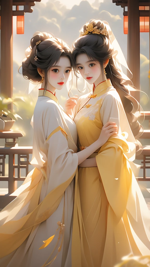 the a like girl beautiful chinese women embracing, in the style of fairycore, dark white and light white, lovely, soft femininity, dark yellow and light red