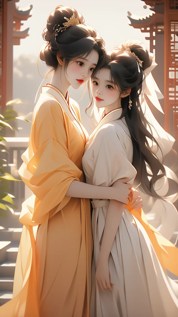 the a like girl beautiful chinese women embracing, in the style of fairycore, dark white and light white, lovely, soft femininity, dark yellow and light red